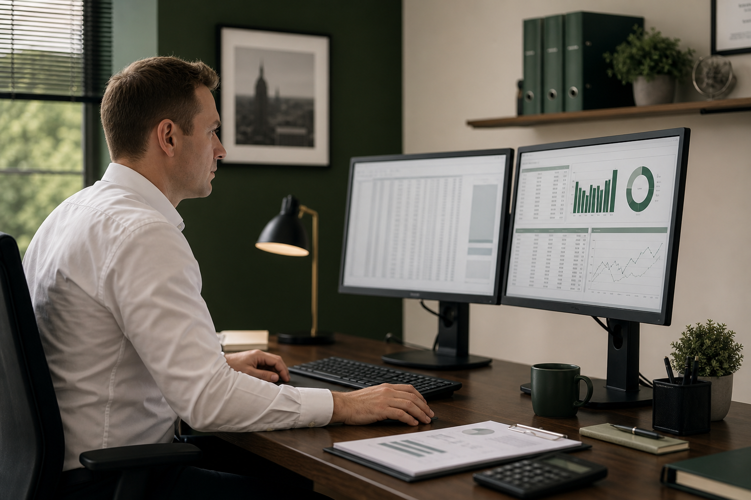 An accountant reviewing client figures and charts across two monitors
