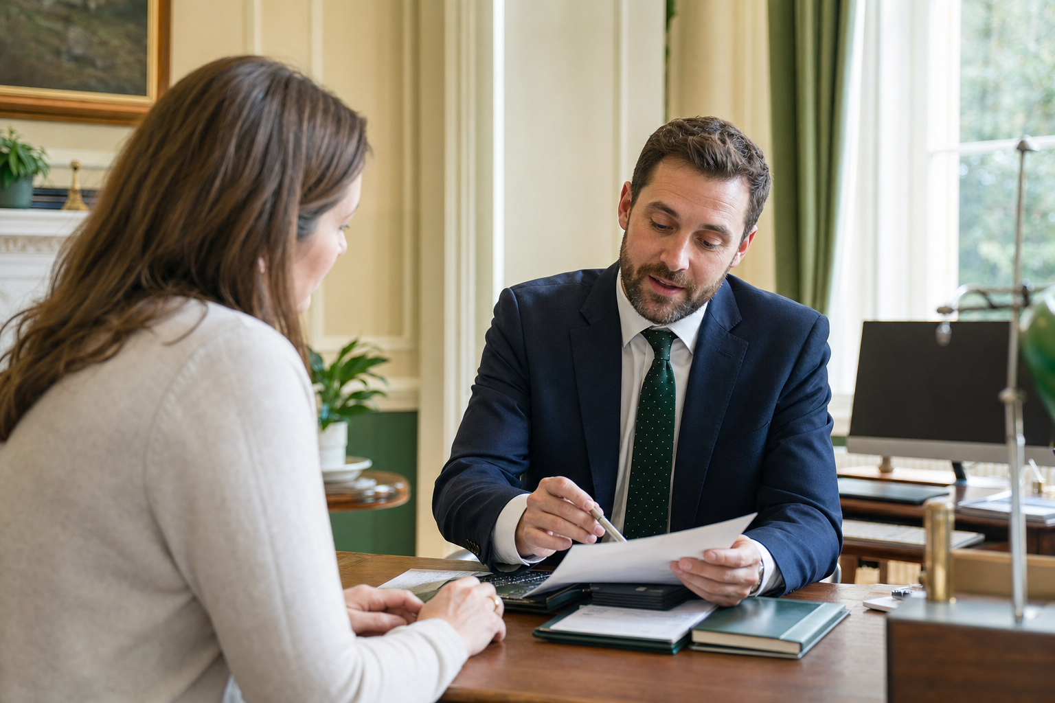 A Vale & Finch accountant walking a client through their accounts across a desk