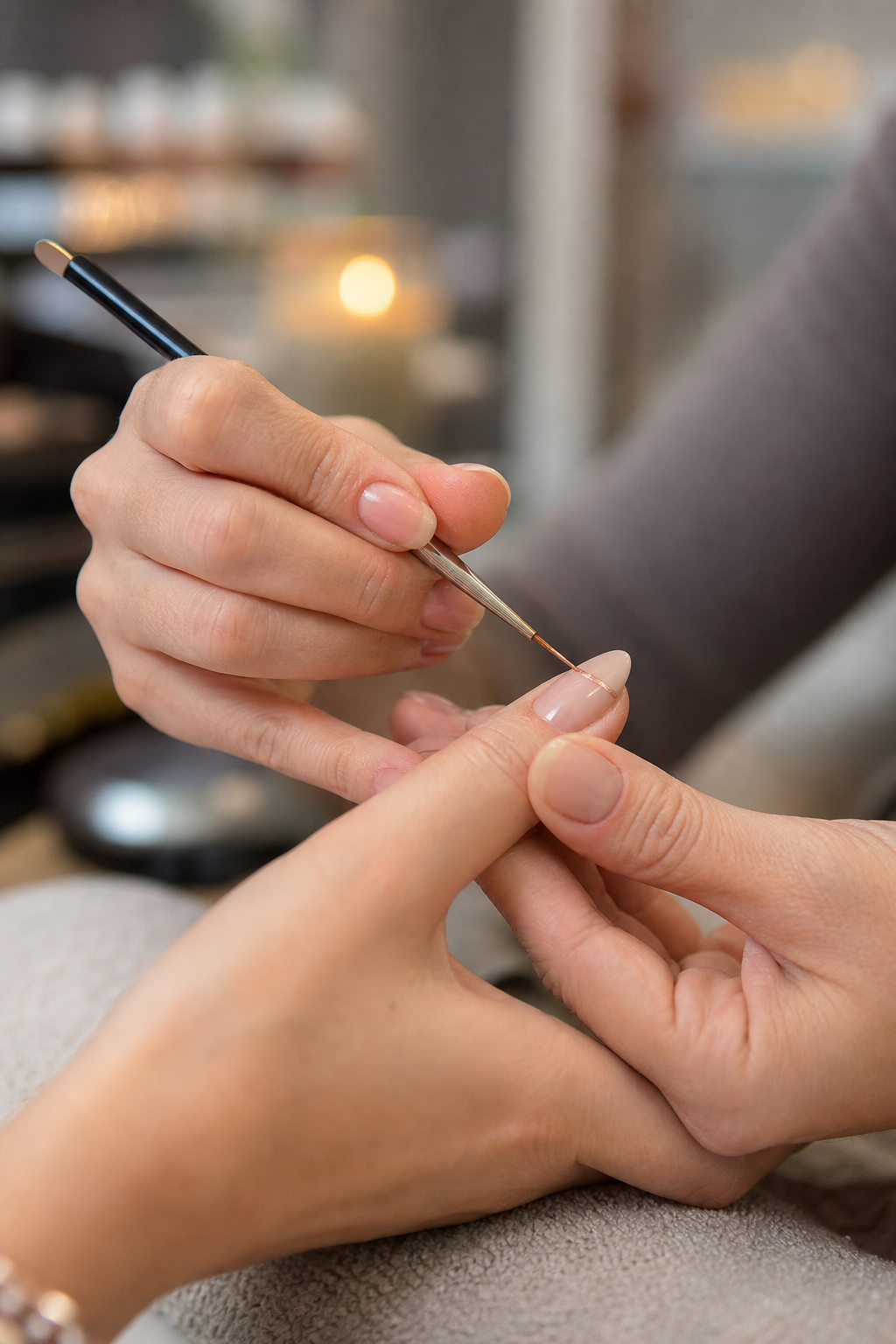 Nail technician steadying a client's hand while painting a fine line of polish