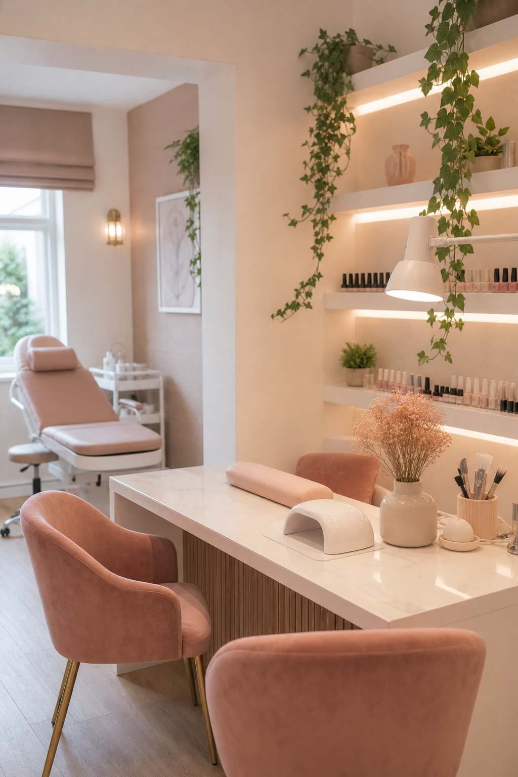 Rosewater and Reed studio interior with blush velvet chairs, trailing plants and soft light