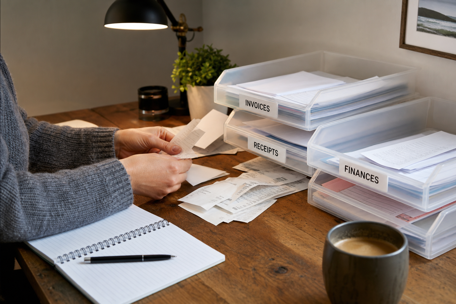 Receipts being sorted into neat labelled trays on a desk