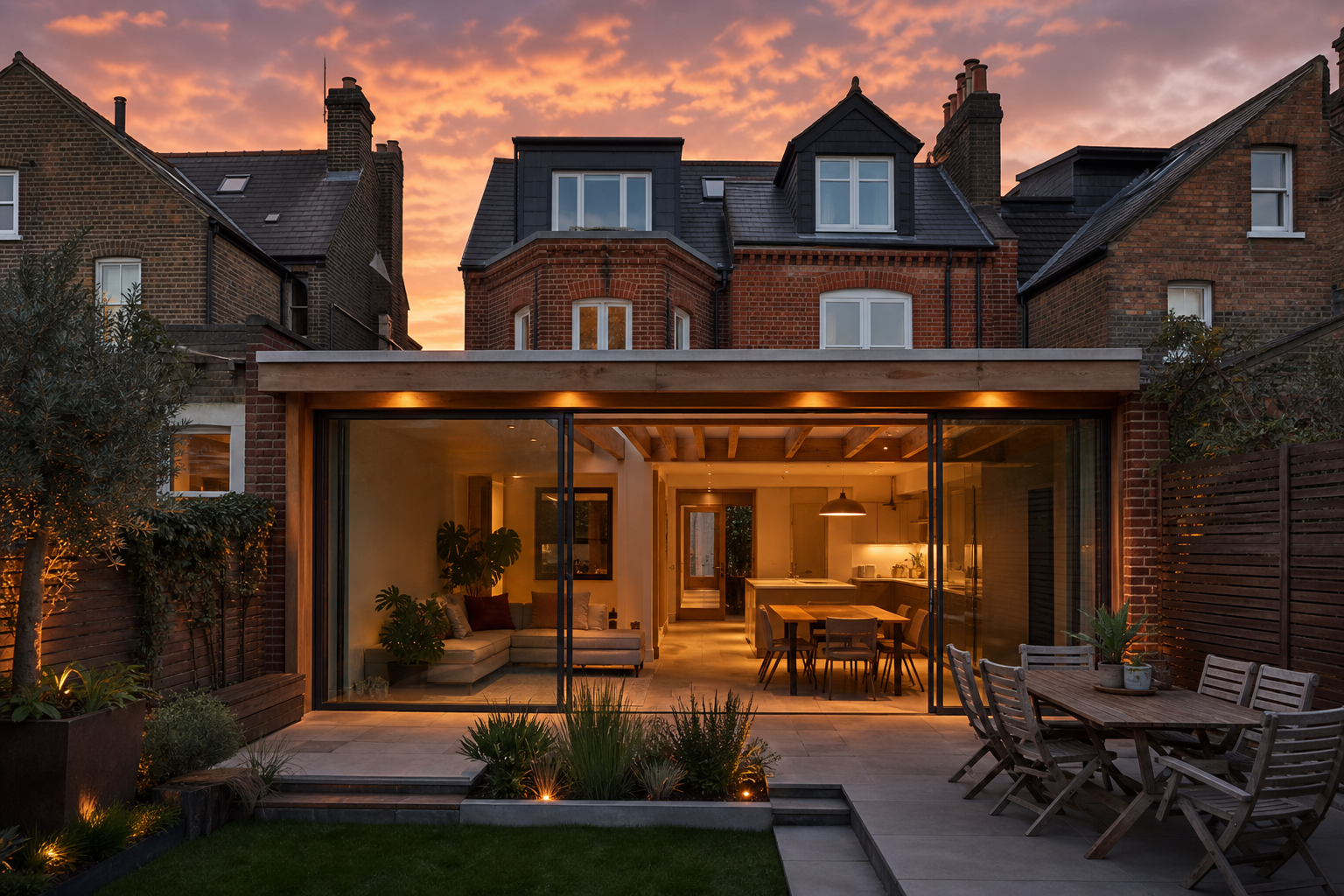 Glass and oak rear extension by Chalk & Beam Builders glowing at dusk