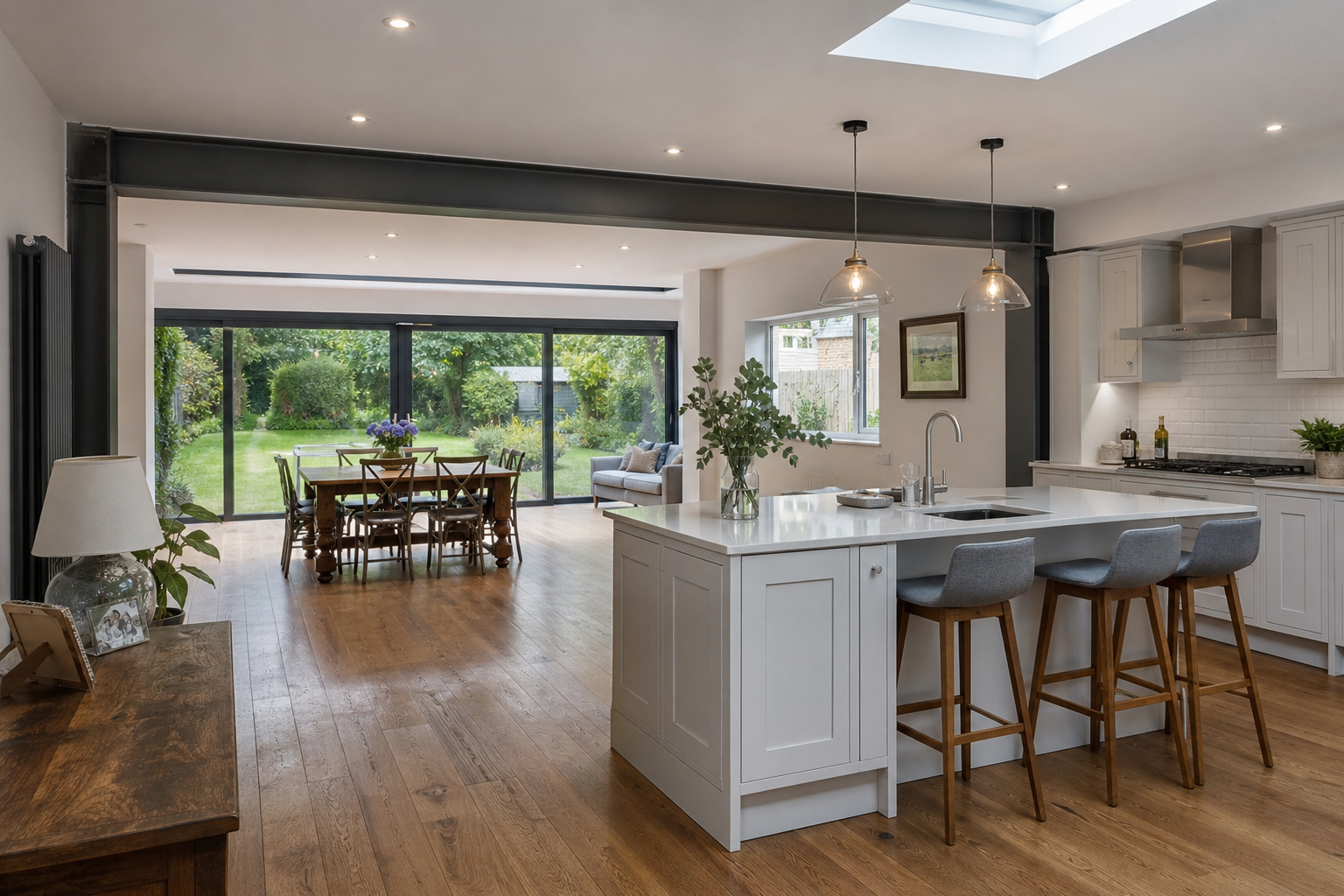 Open-plan kitchen extension with exposed steel beam and sliding doors to the garden, Whitchurch