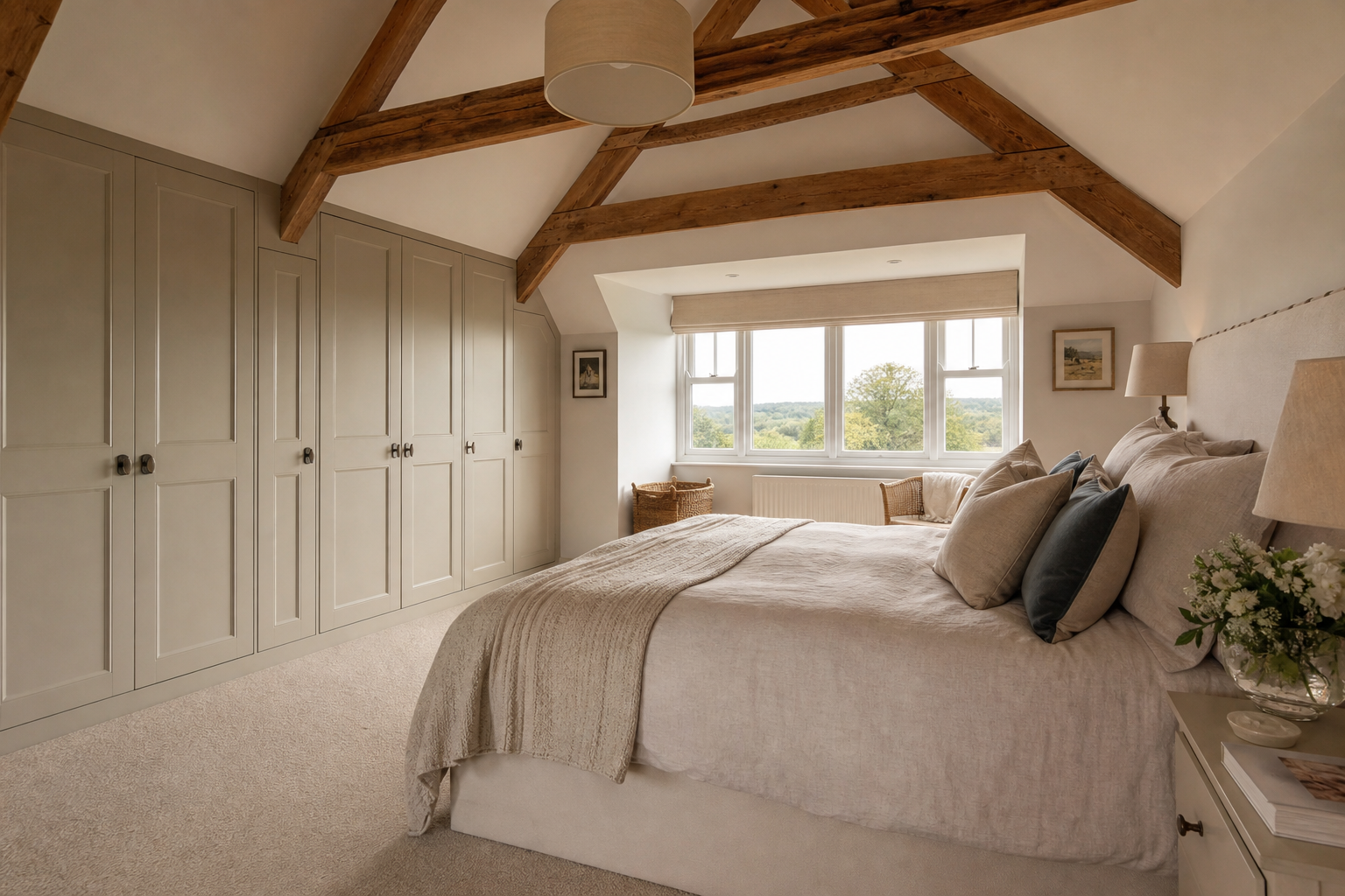 Master bedroom loft conversion with dormer window and oak flooring, Kingsclere