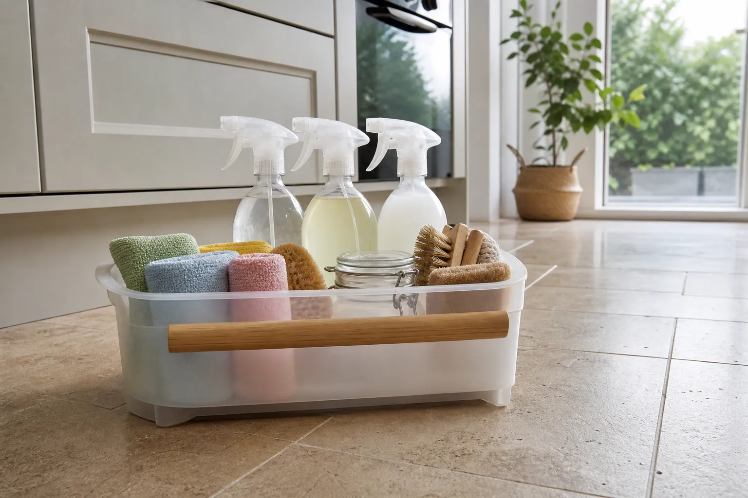 Eco-friendly cleaning supplies, refillable bottles and colour-coded cloths in a caddy