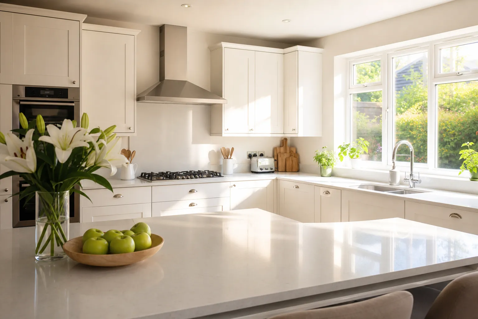 A bright, freshly cleaned UK kitchen with sunlight on the worktops