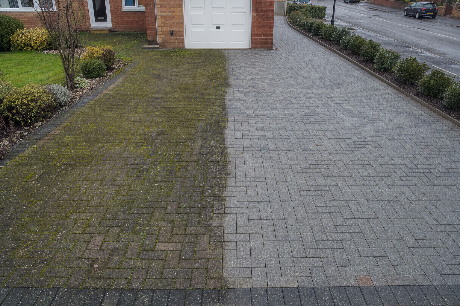 Block paved driveway shown half moss-stained and half freshly cleaned by Stonebright