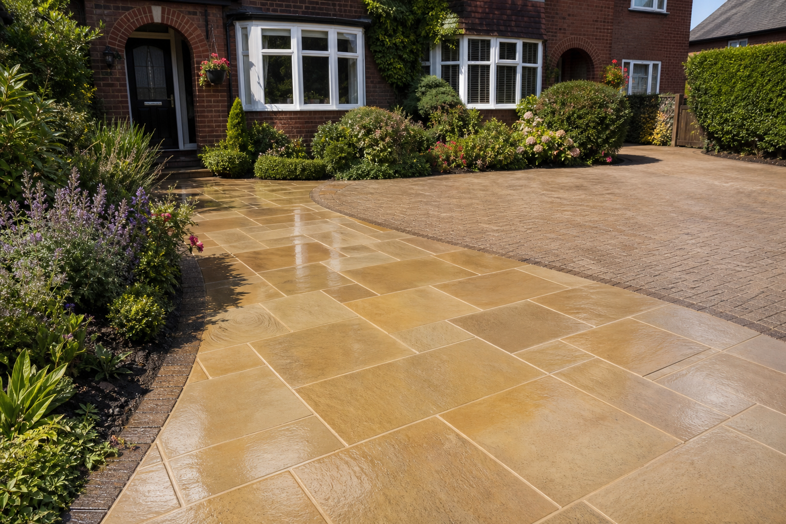 Restored sandstone patio and driveway after Stonebright deep clean and seal