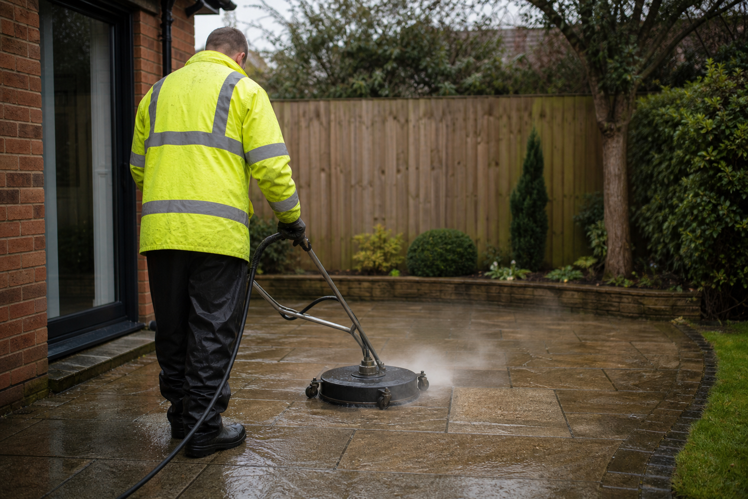 Stonebright operative using a rotary surface cleaner on a UK patio