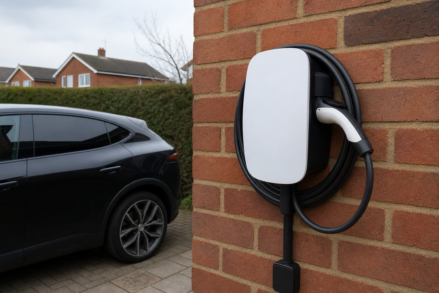 7kW home EV charger installed on a brick wall at a UK property