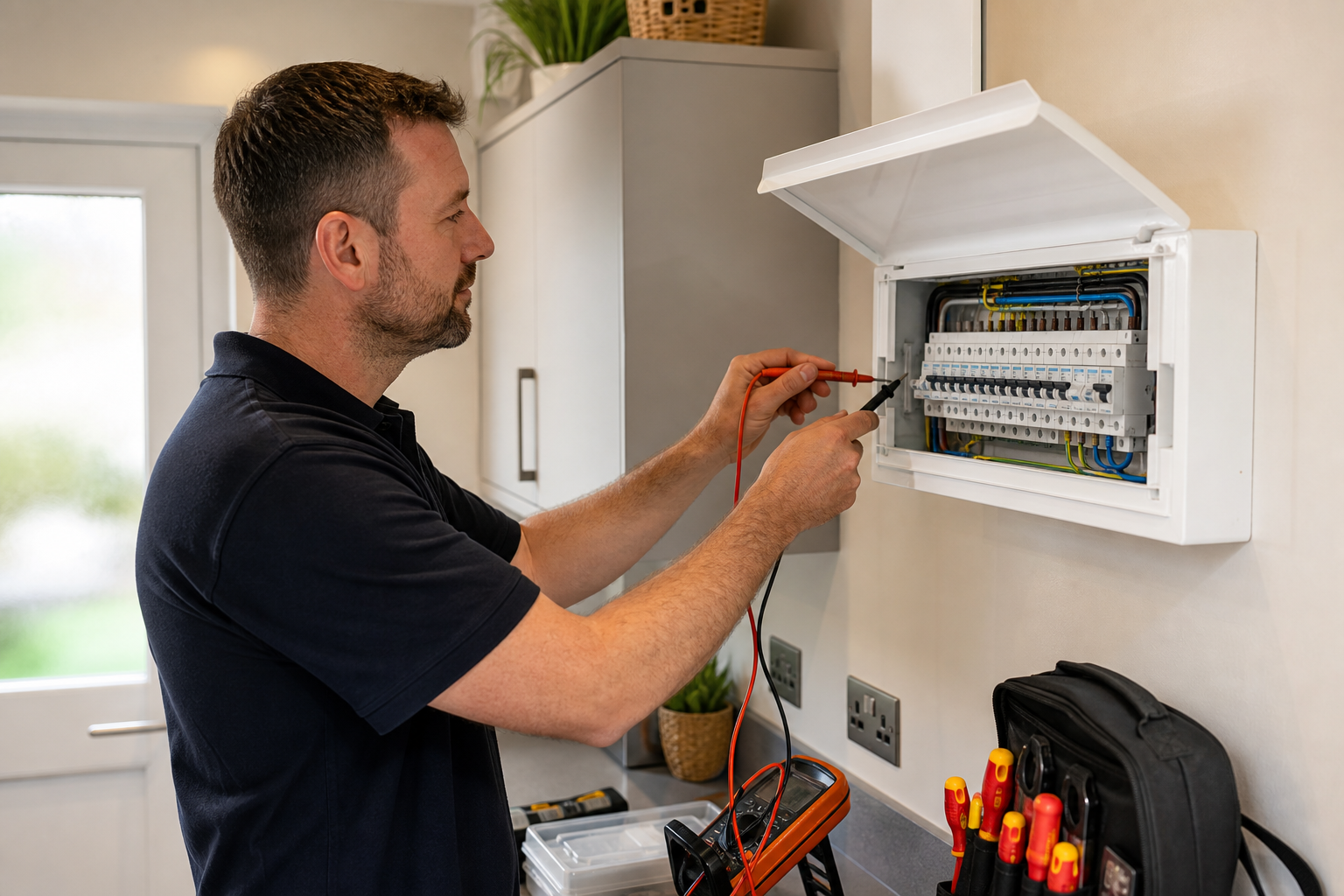 Fieldstone electrician testing a consumer unit in a Hampshire home