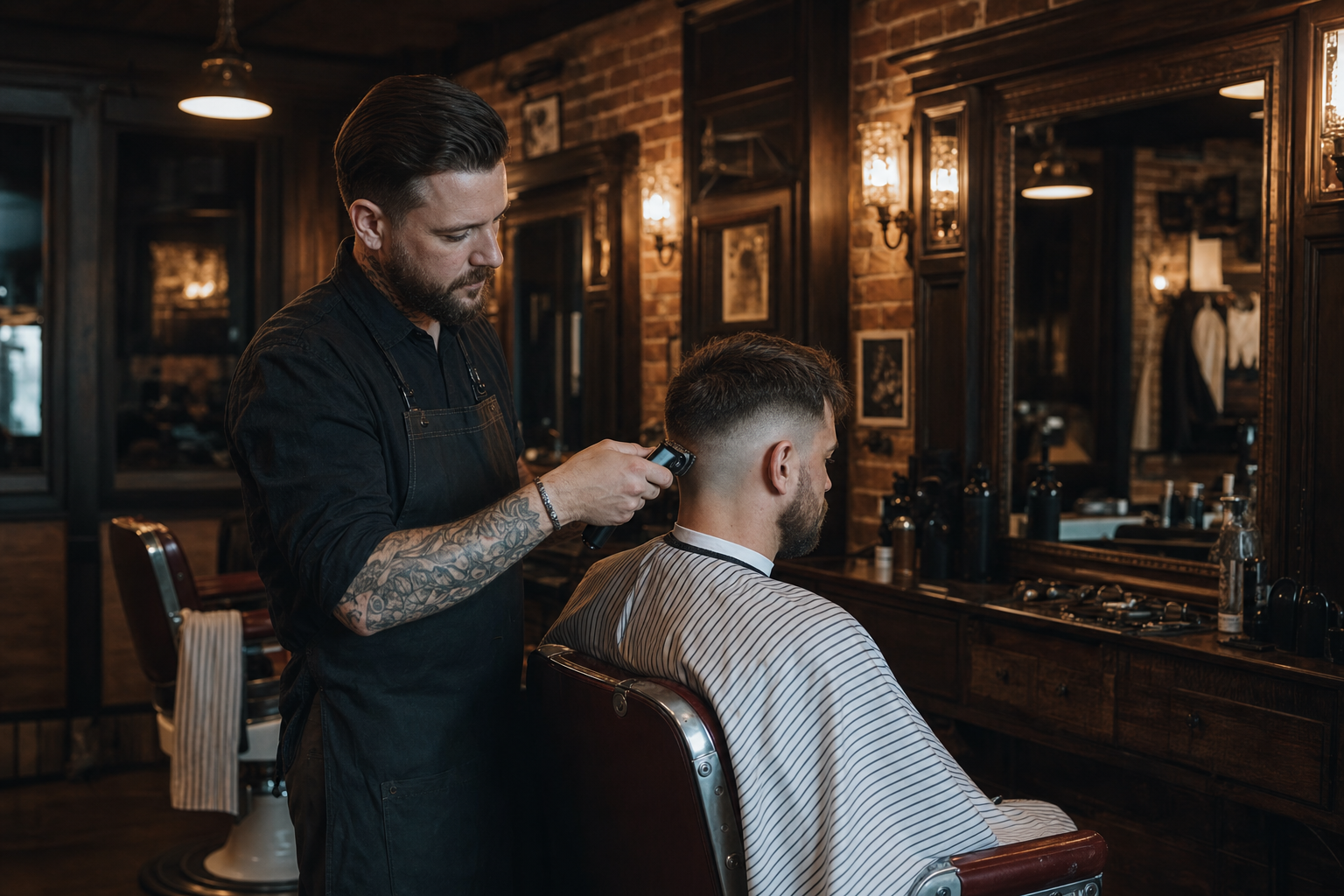 Barber working a precise skin fade with clippers under warm low light