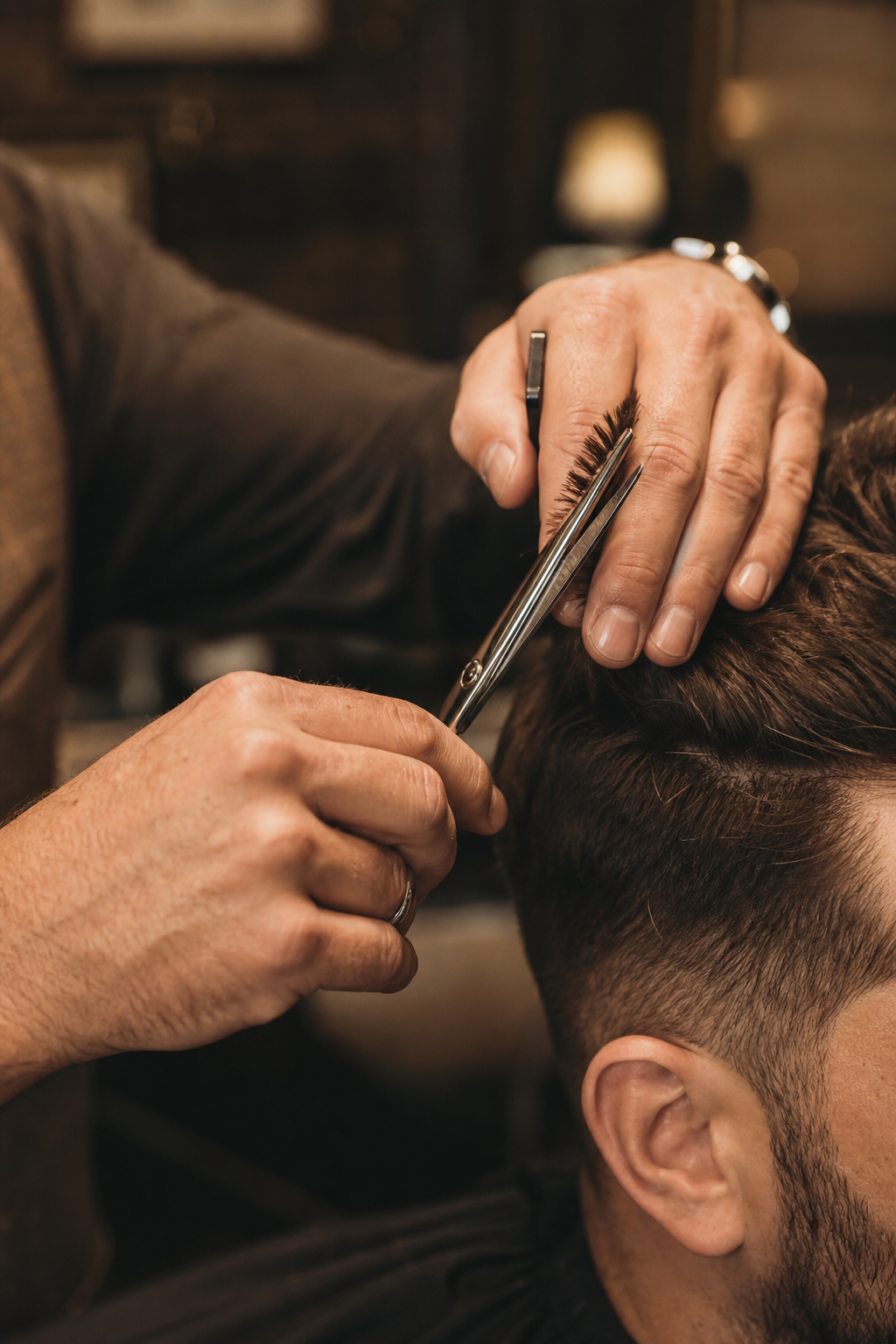Close-up of a barber's hands guiding scissors through a precise cut