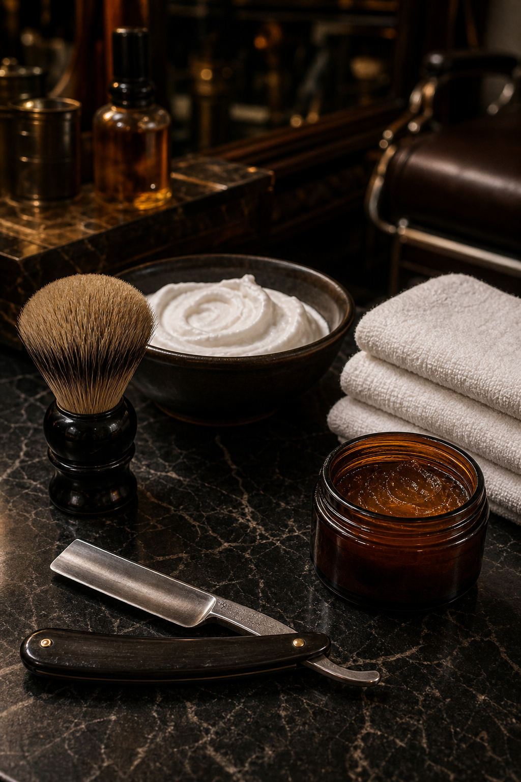 Still life of straight razor, badger brush, pomade and hot towel on dark marble