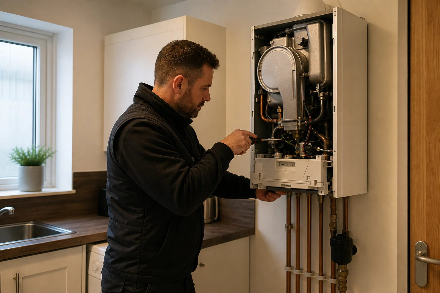Ember and Oak engineer servicing a gas boiler in a Hampshire home
