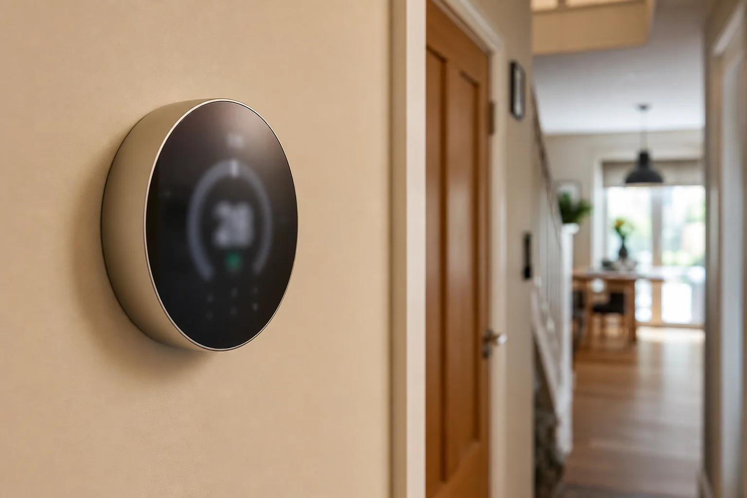 Smart thermostat installed on a hallway wall in a UK home