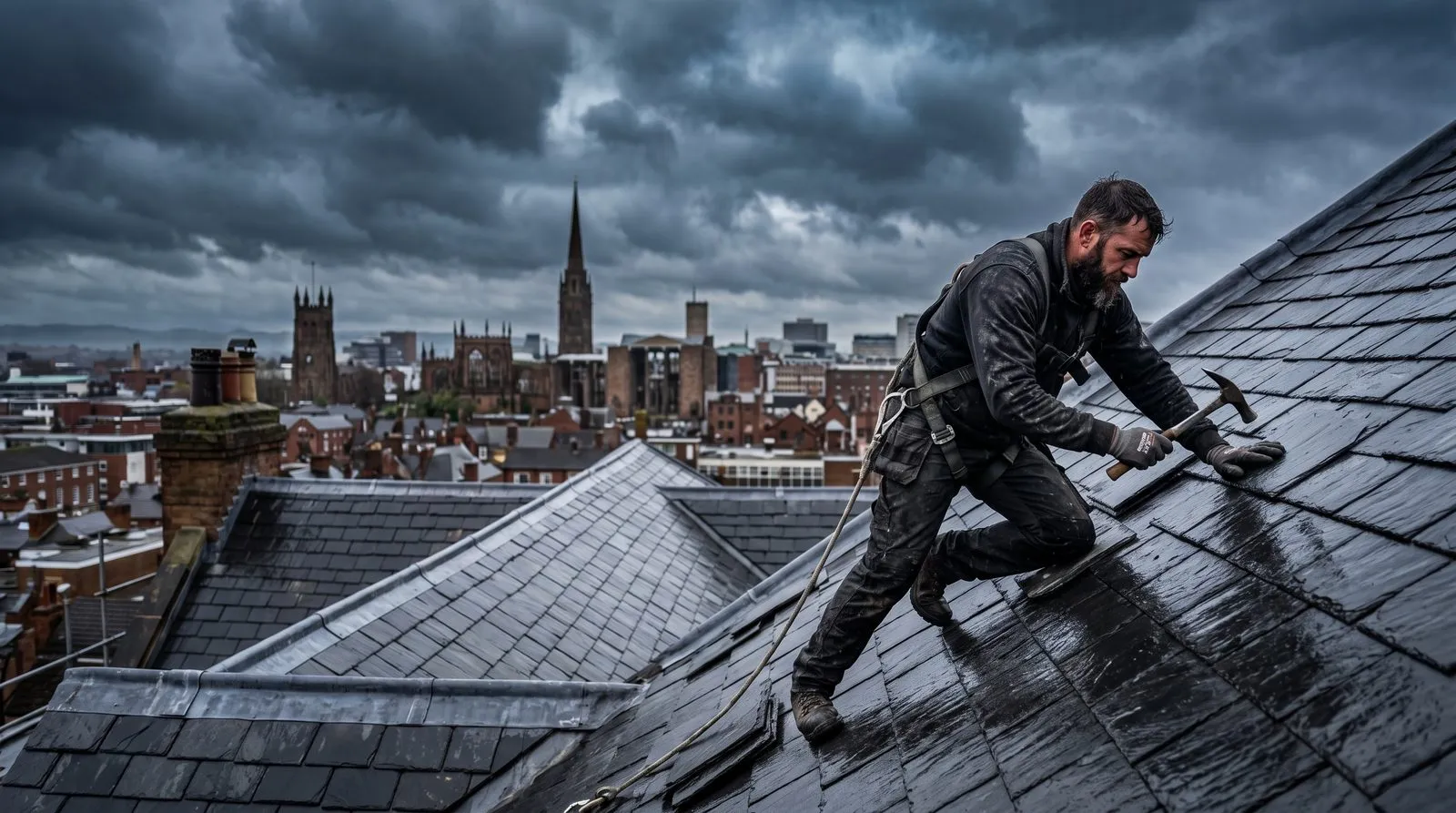 Roofer working on a pitched slate roof against a dramatic storm sky