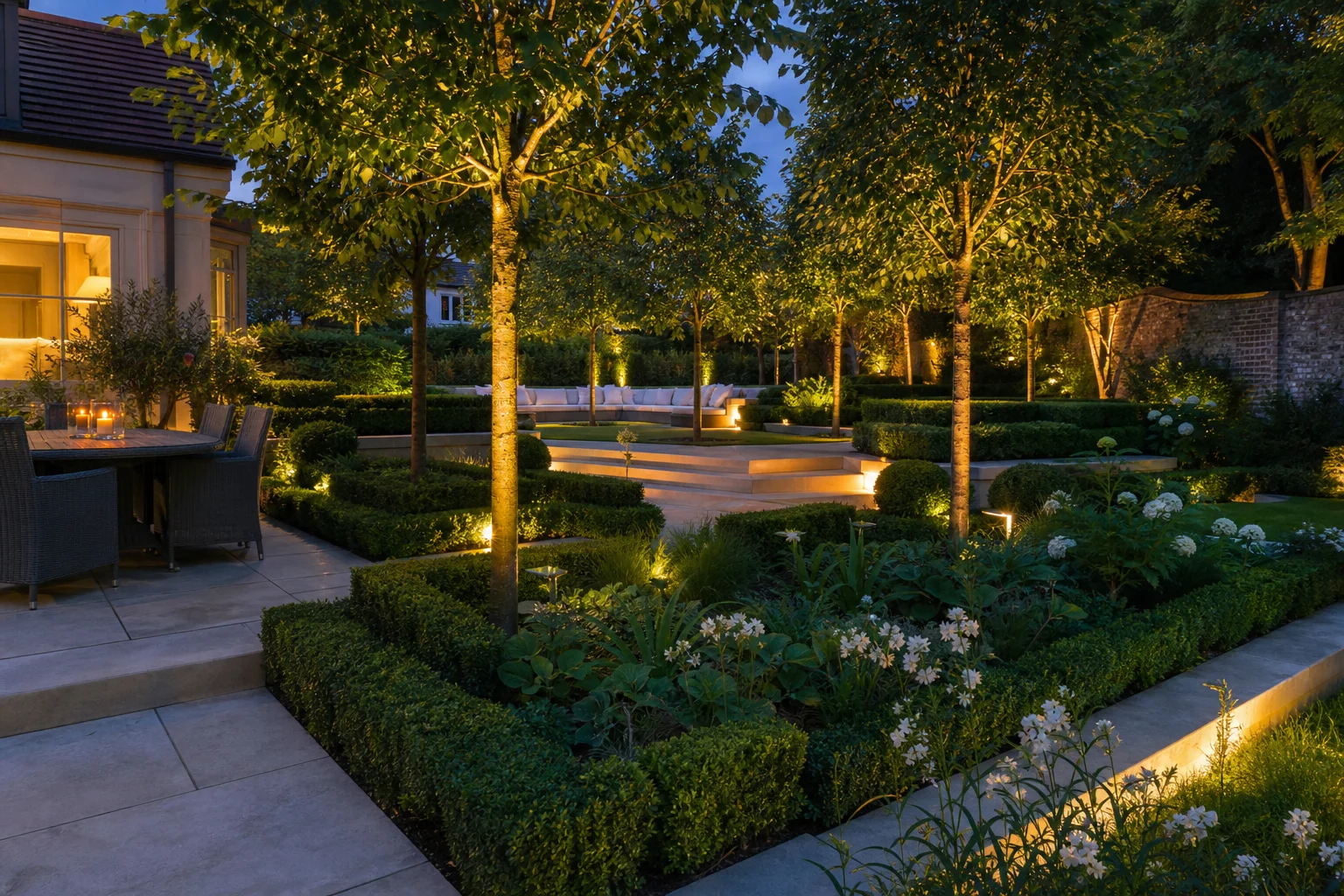 A modern garden at dusk with warm lighting and a limestone terrace