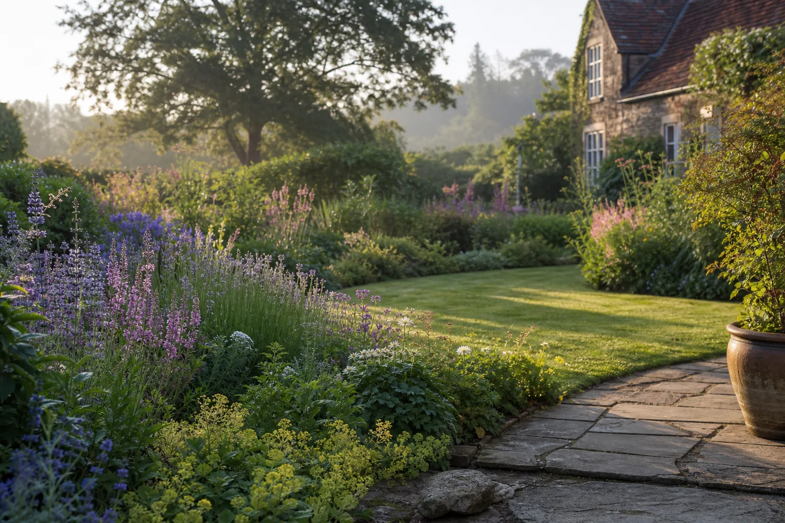 A finished English garden with perennial borders, a clipped lawn and stone path