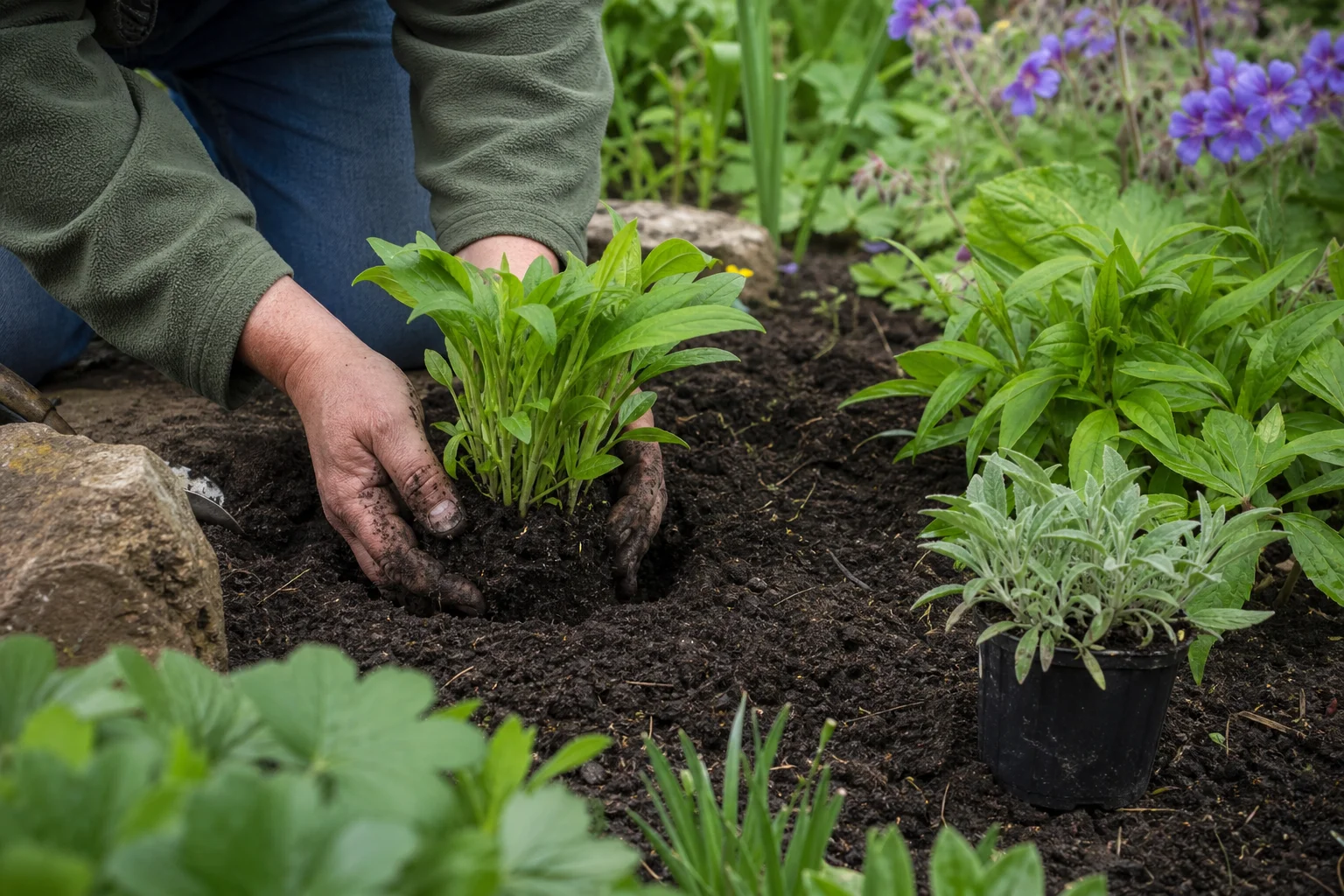 A gardener settling a young perennial into freshly prepared soil