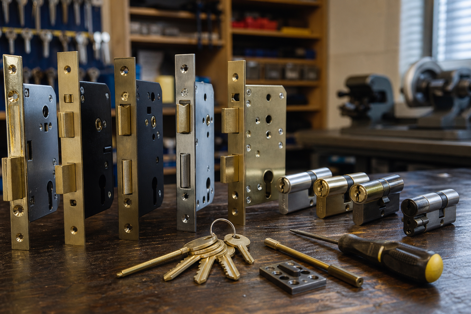 British Standard locks and anti-snap euro cylinders laid out on a workbench