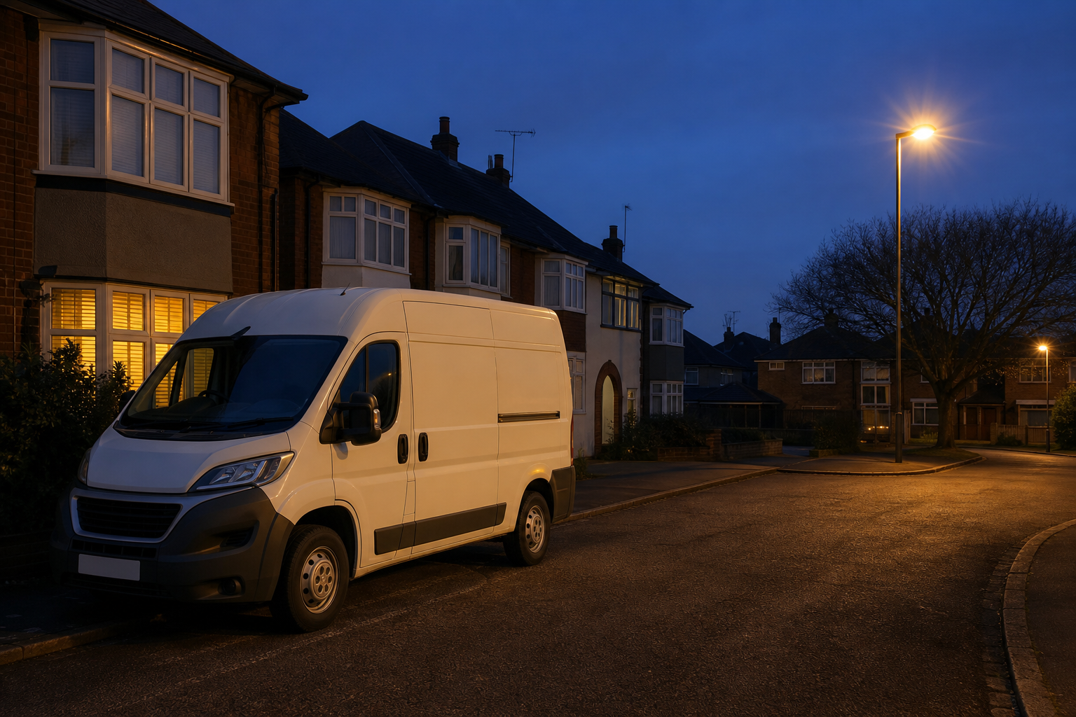ForgeKey locksmith van parked on a quiet residential street at night