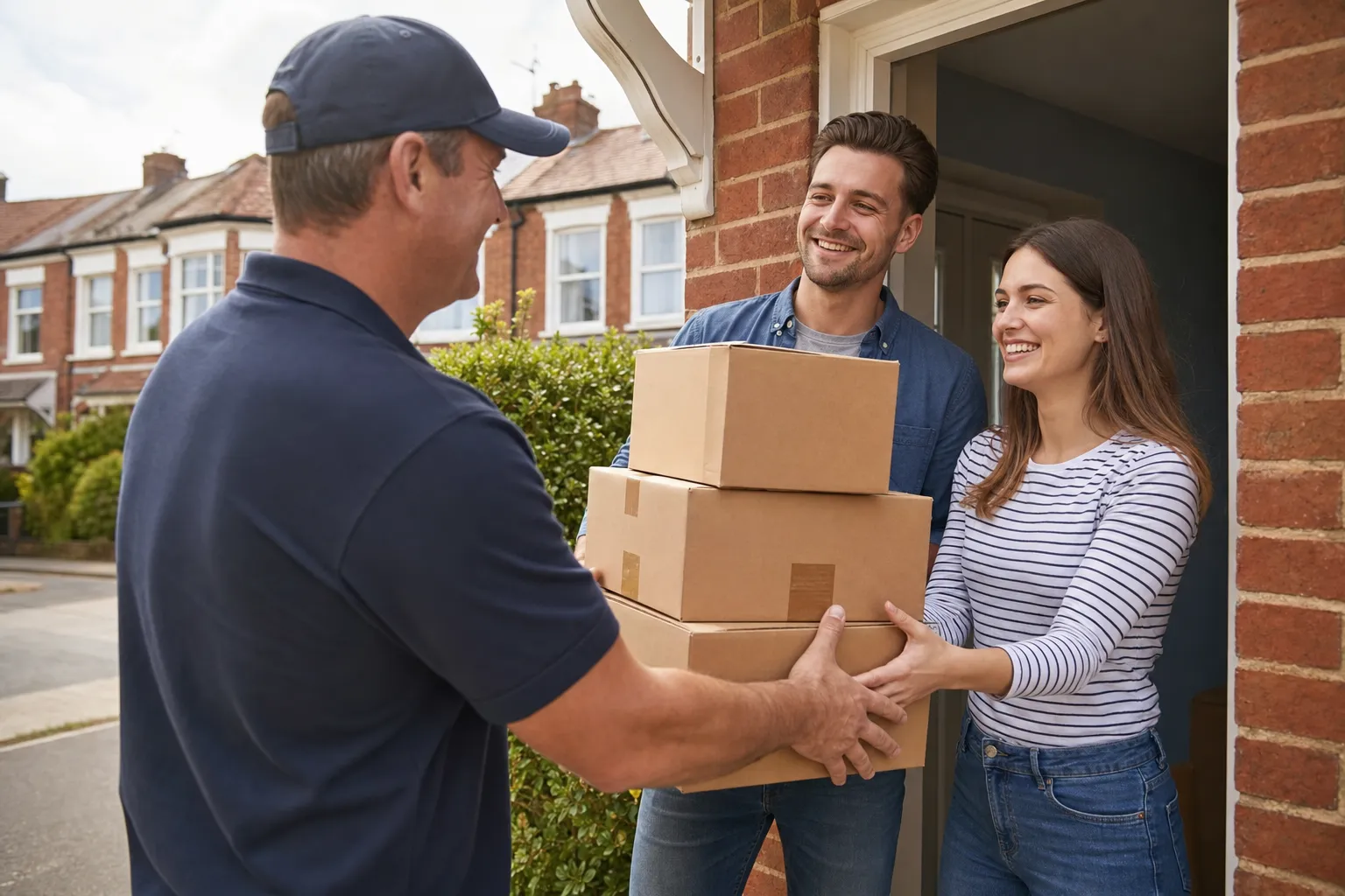 A LoadSwift driver handing moving boxes to customers at their new front door