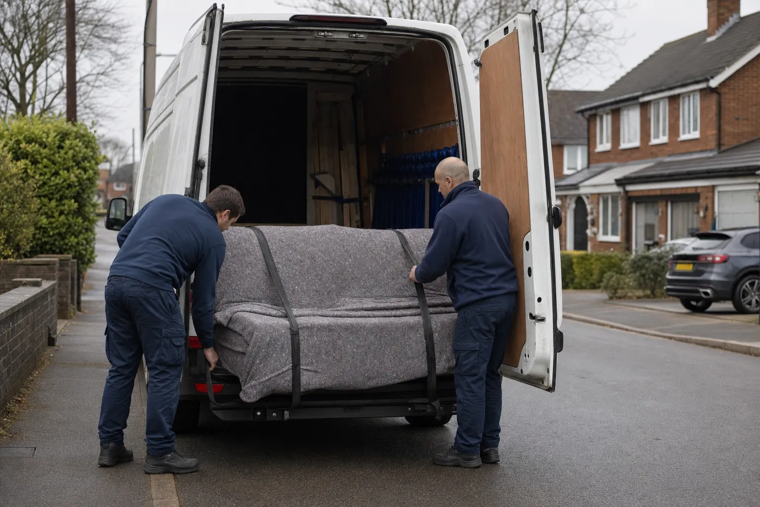 Two LoadSwift movers carefully strapping a wrapped sofa into the back of the van