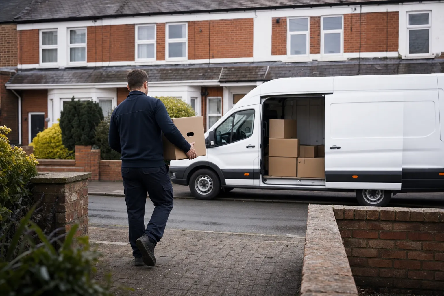LoadSwift driver carrying a moving box down a driveway toward a van
