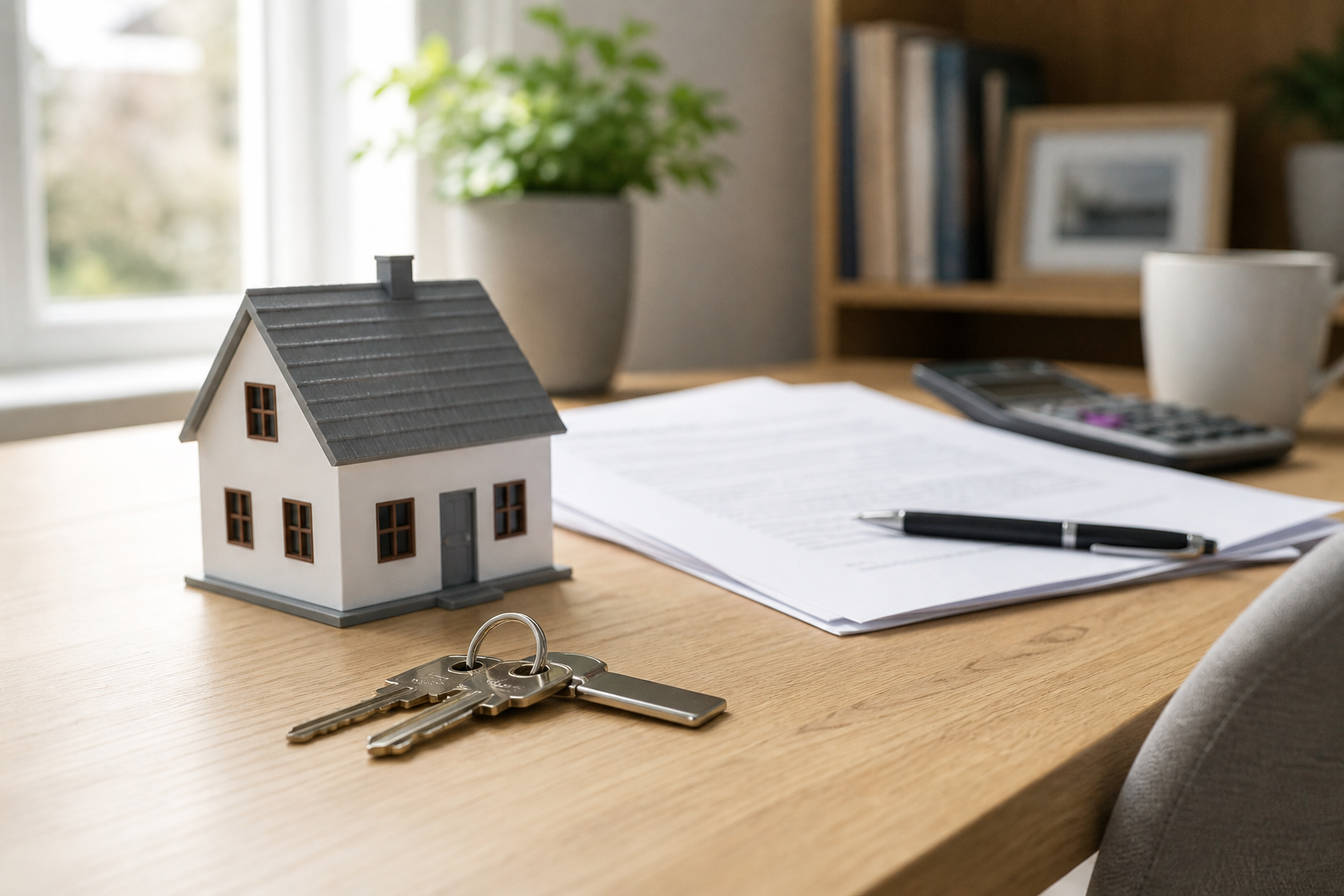 A miniature house model beside keys and mortgage documents on a desk
