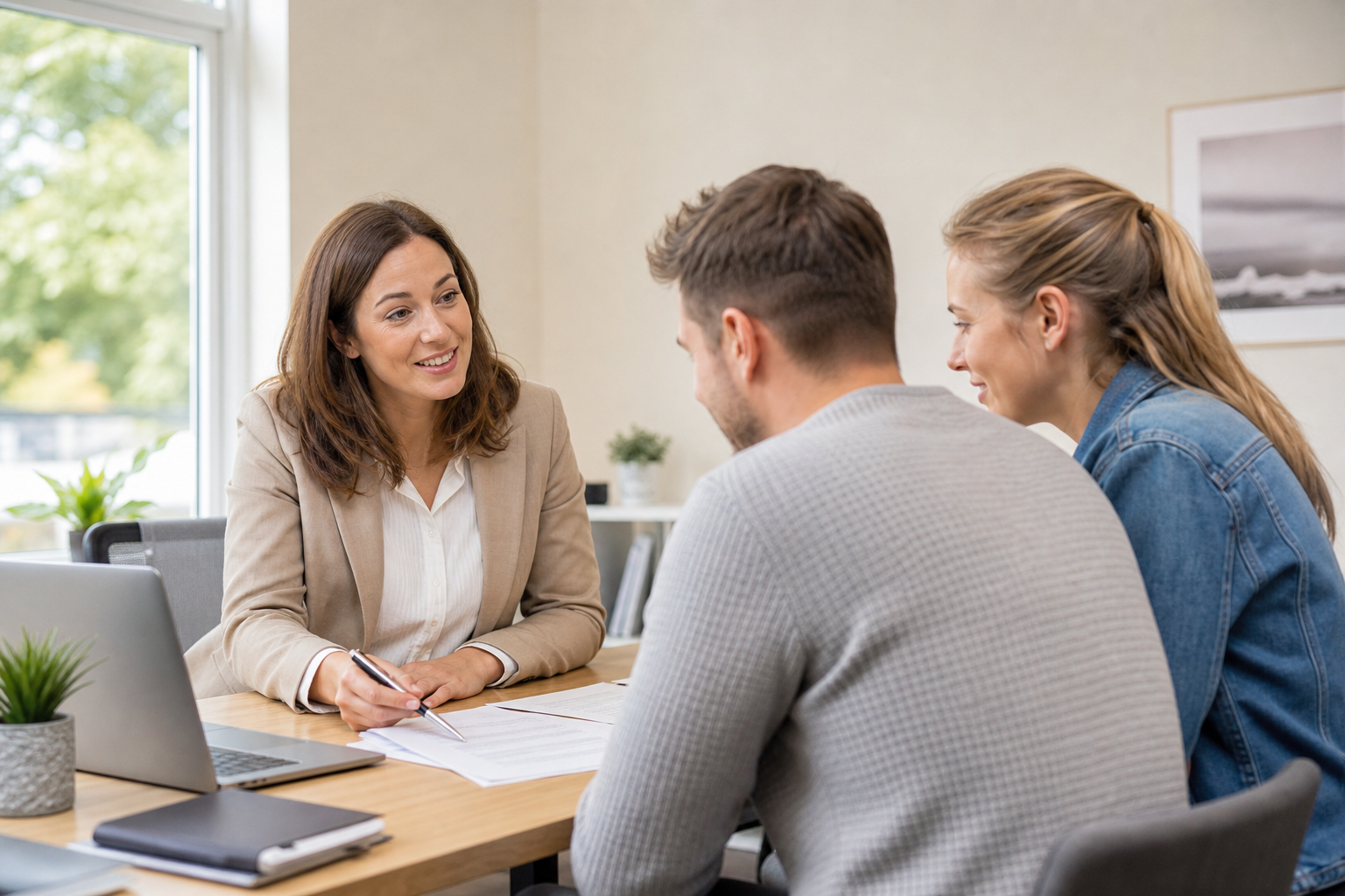 A Meadowbrook adviser walking a young couple through mortgage paperwork at a bright desk
