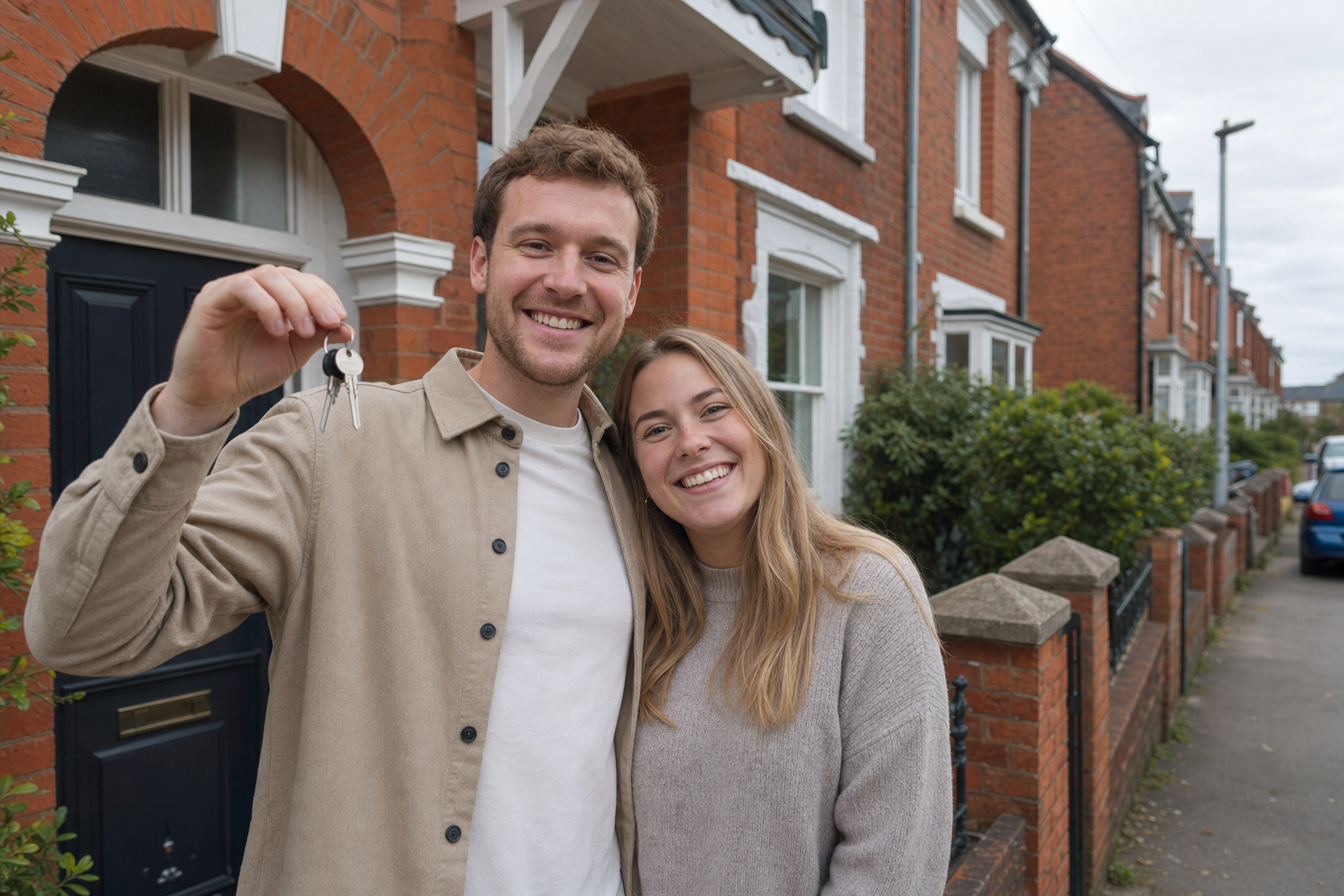 A delighted young couple displaying their new house keys outside a red-brick terrace