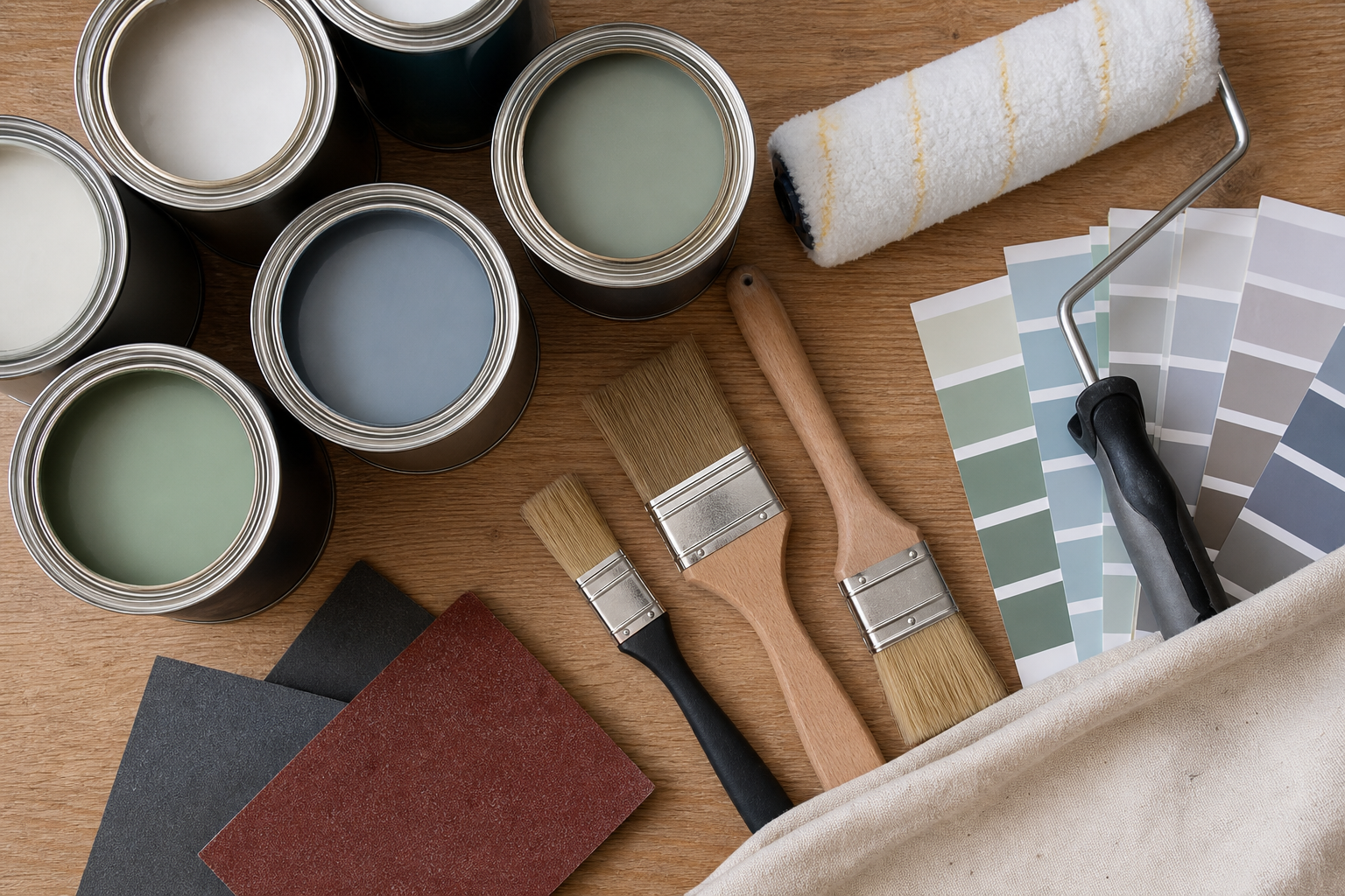 Flat lay of decorating brushes, rollers, paint tins and colour samples