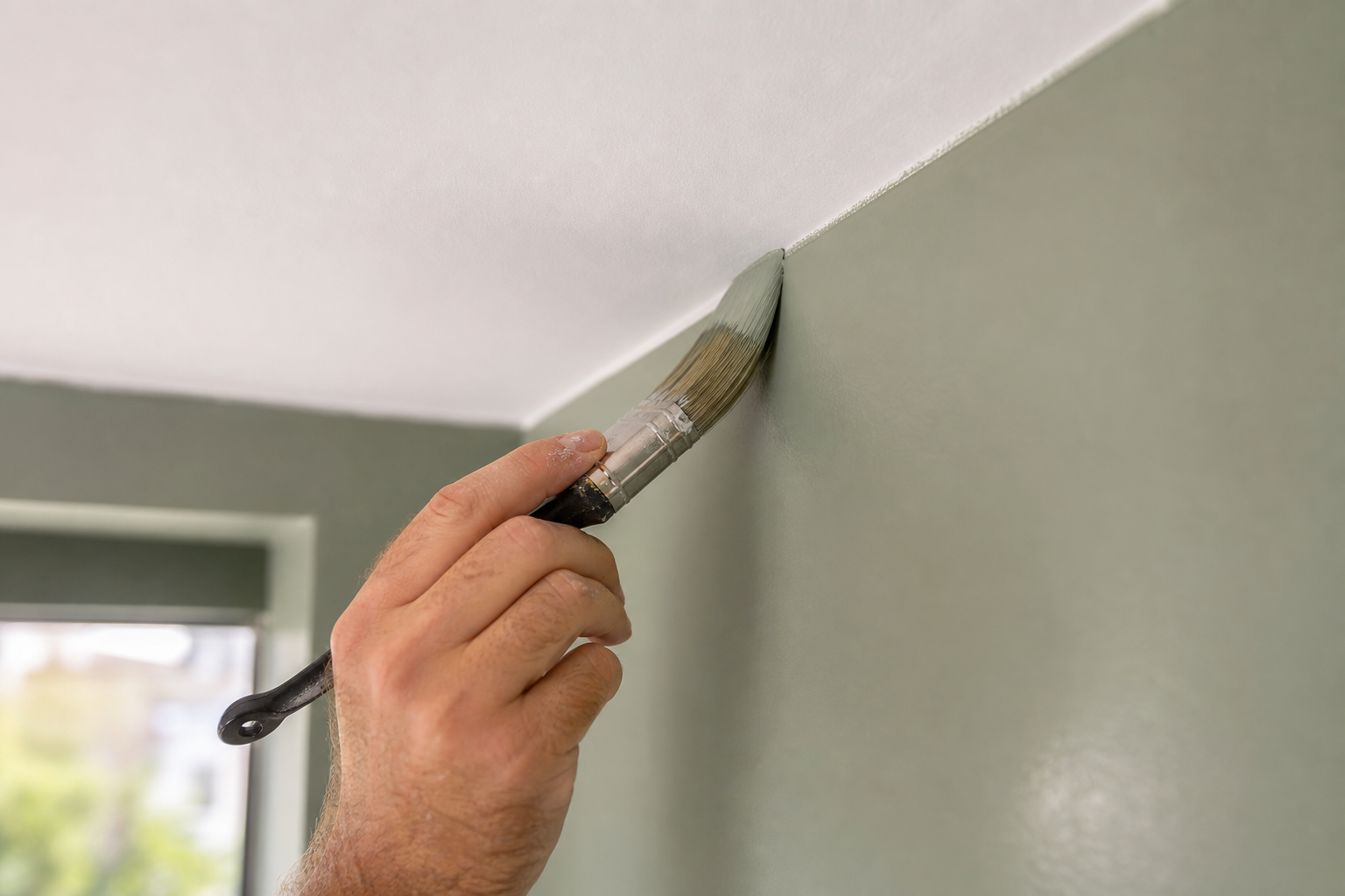 Close-up of a decorator cutting in a sharp sage green line against a white ceiling
