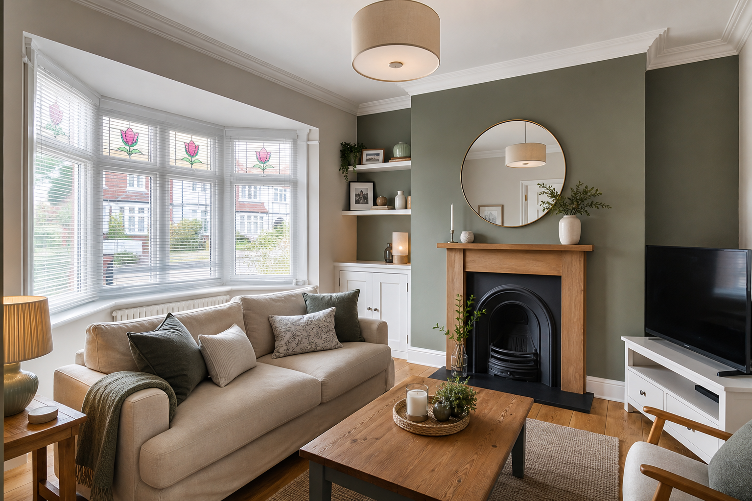 A freshly decorated living room with warm neutrals and a sage green feature wall