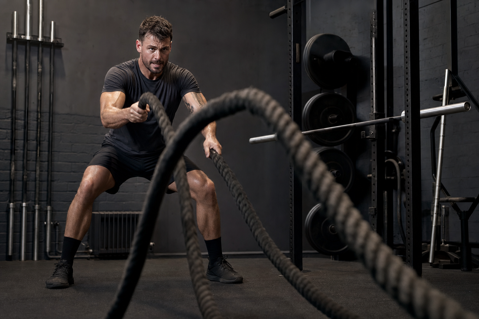 Client driving heavy battle ropes during a conditioning finisher