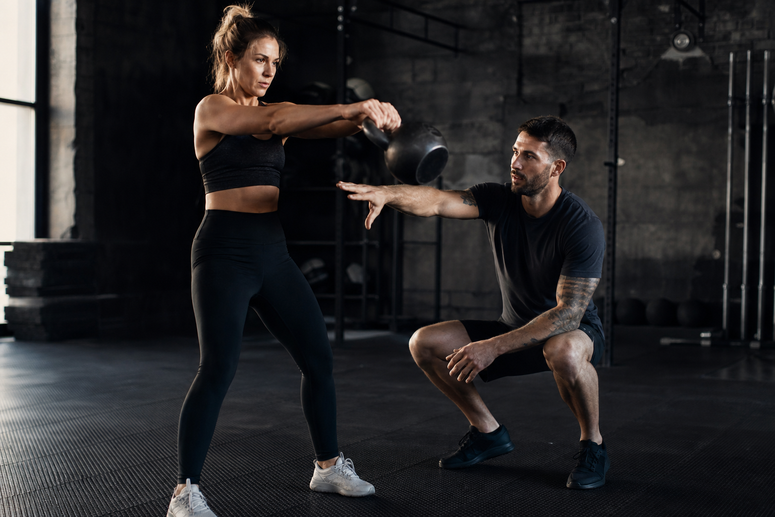 Coach guiding a client through a kettlebell swing at Anvil Performance Co.