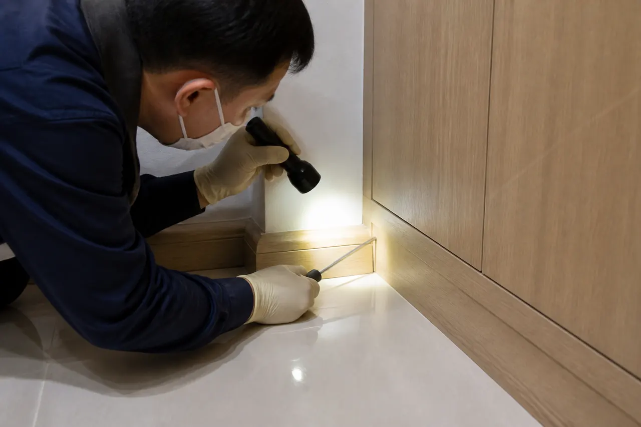 技術員檢查廚櫃後方的害蟲活動痕跡