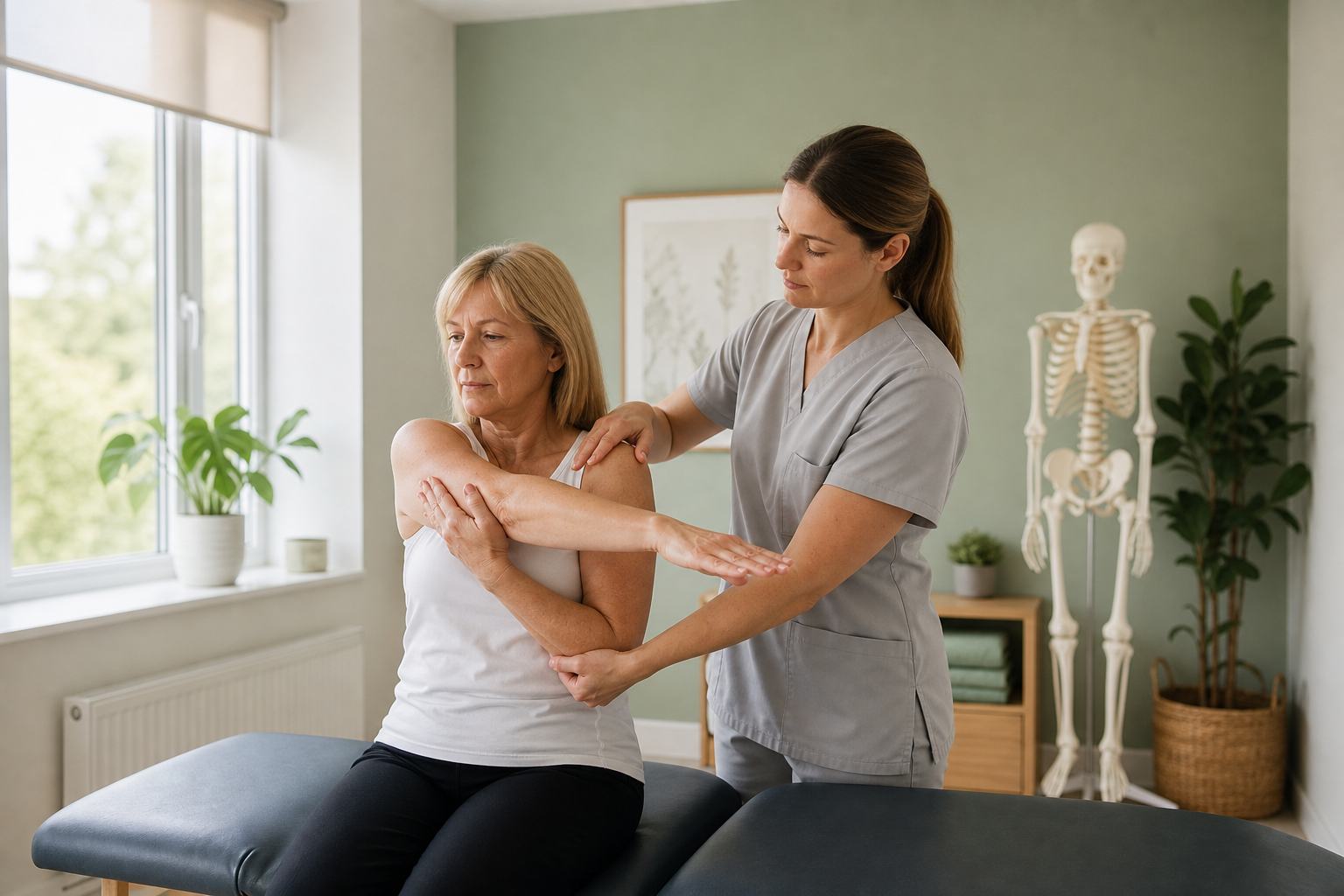 Physiotherapist guiding a patient through a gentle shoulder mobility exercise