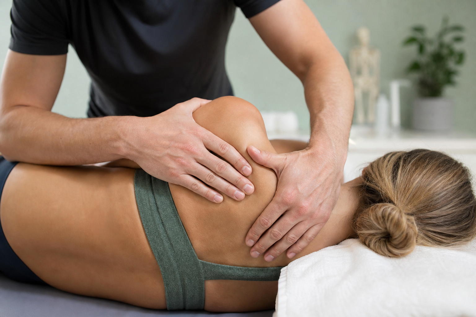 Close-up of careful manual therapy being applied to a patient's shoulder
