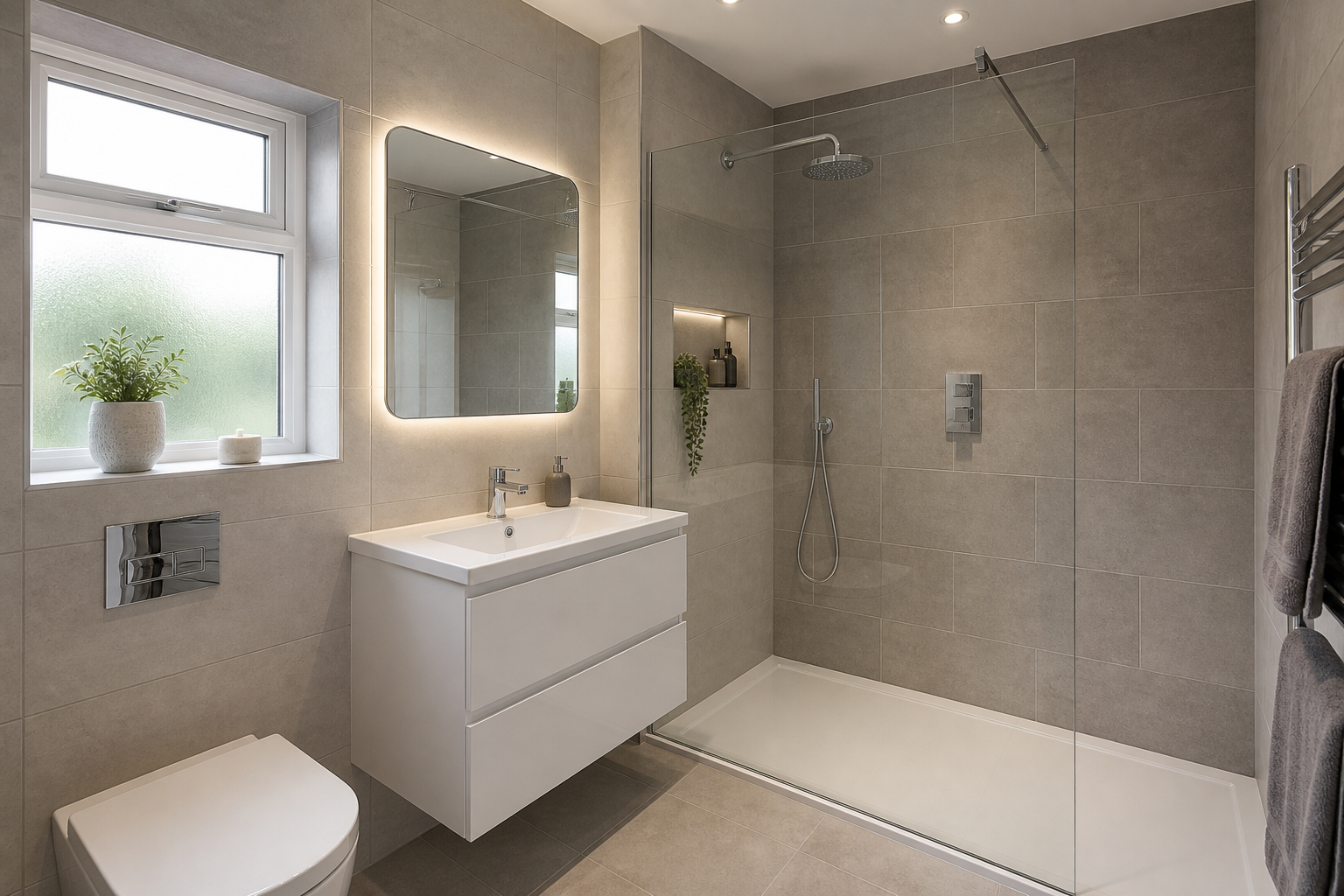 Finished modern bathroom installation with walk-in shower, fitted by CopperLine