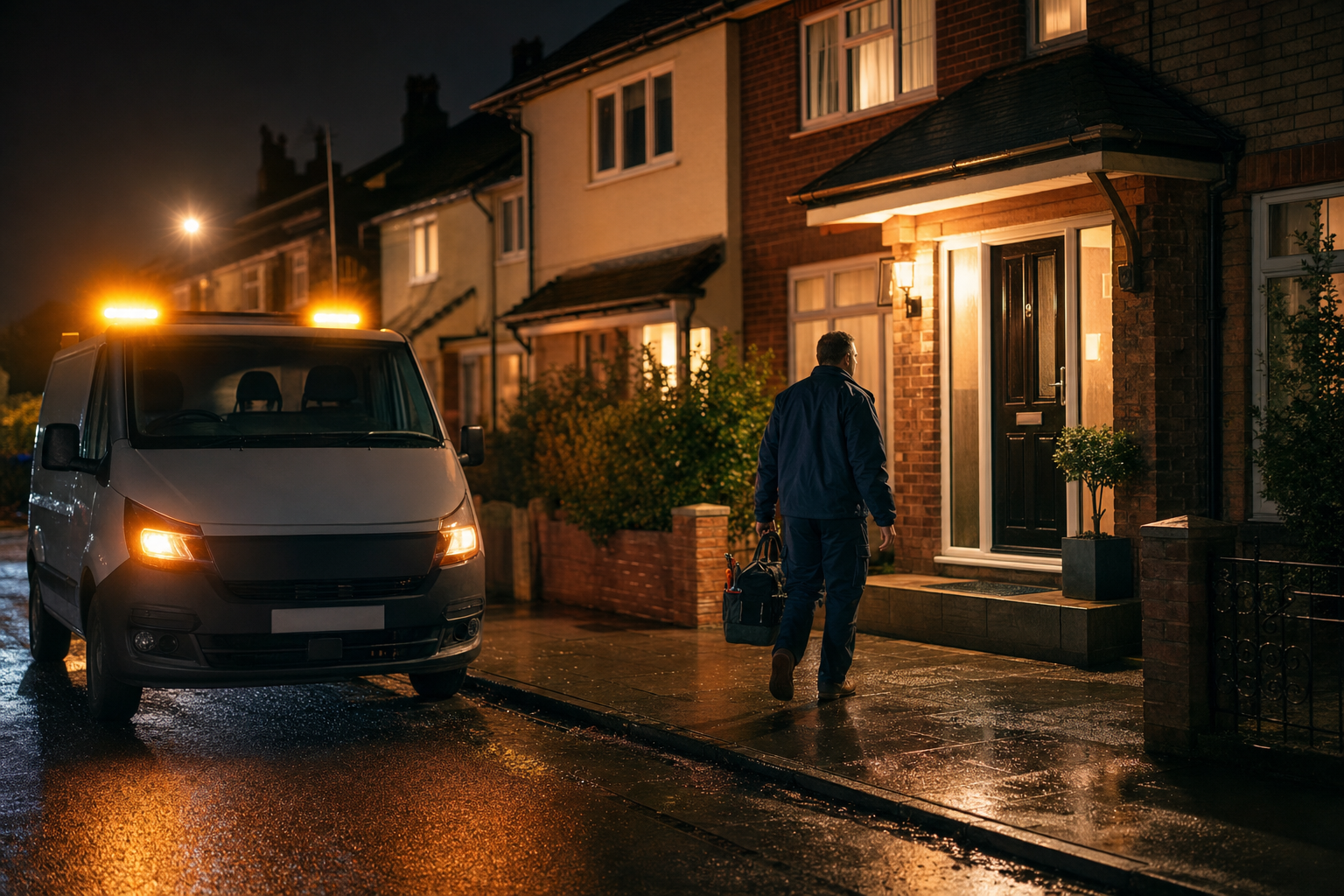 CopperLine engineer arriving at a UK home for a night-time emergency callout