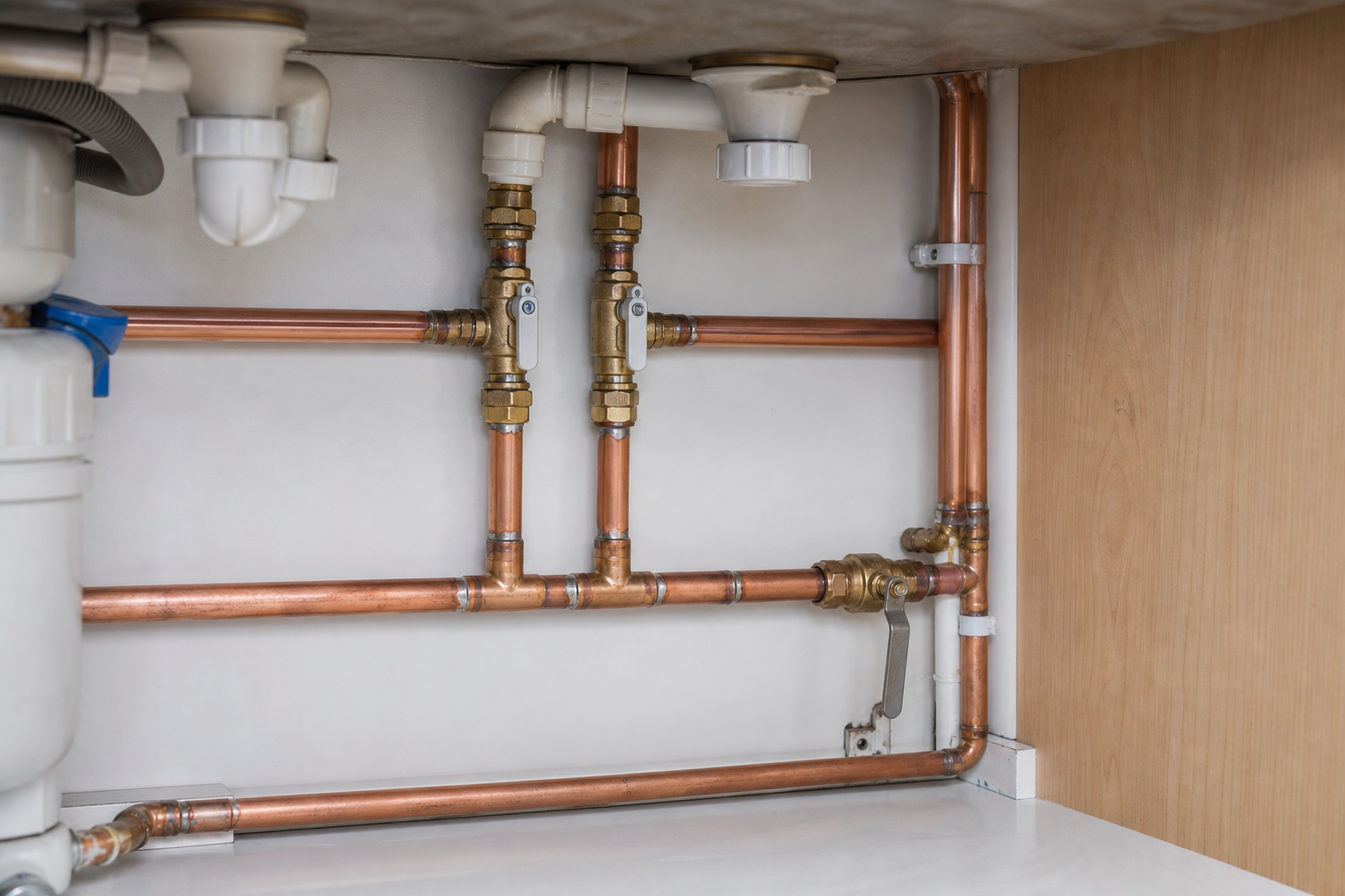 Close up of neat copper pipework installed by a CopperLine engineer