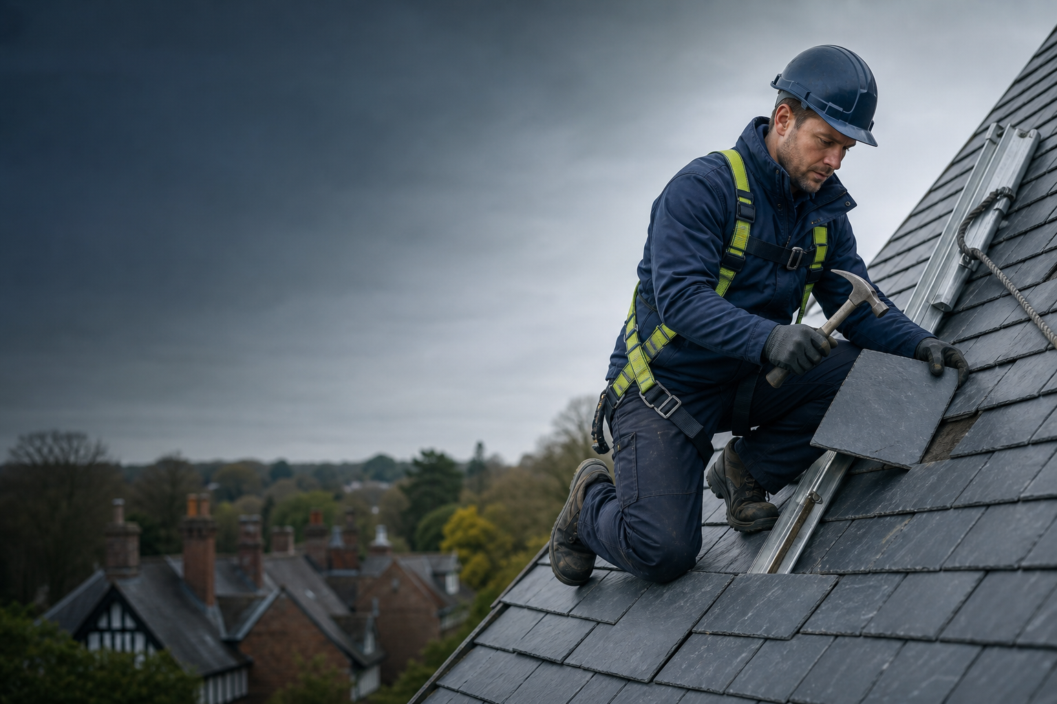 Roofer fitting natural slate to a Berkshire home at dawn