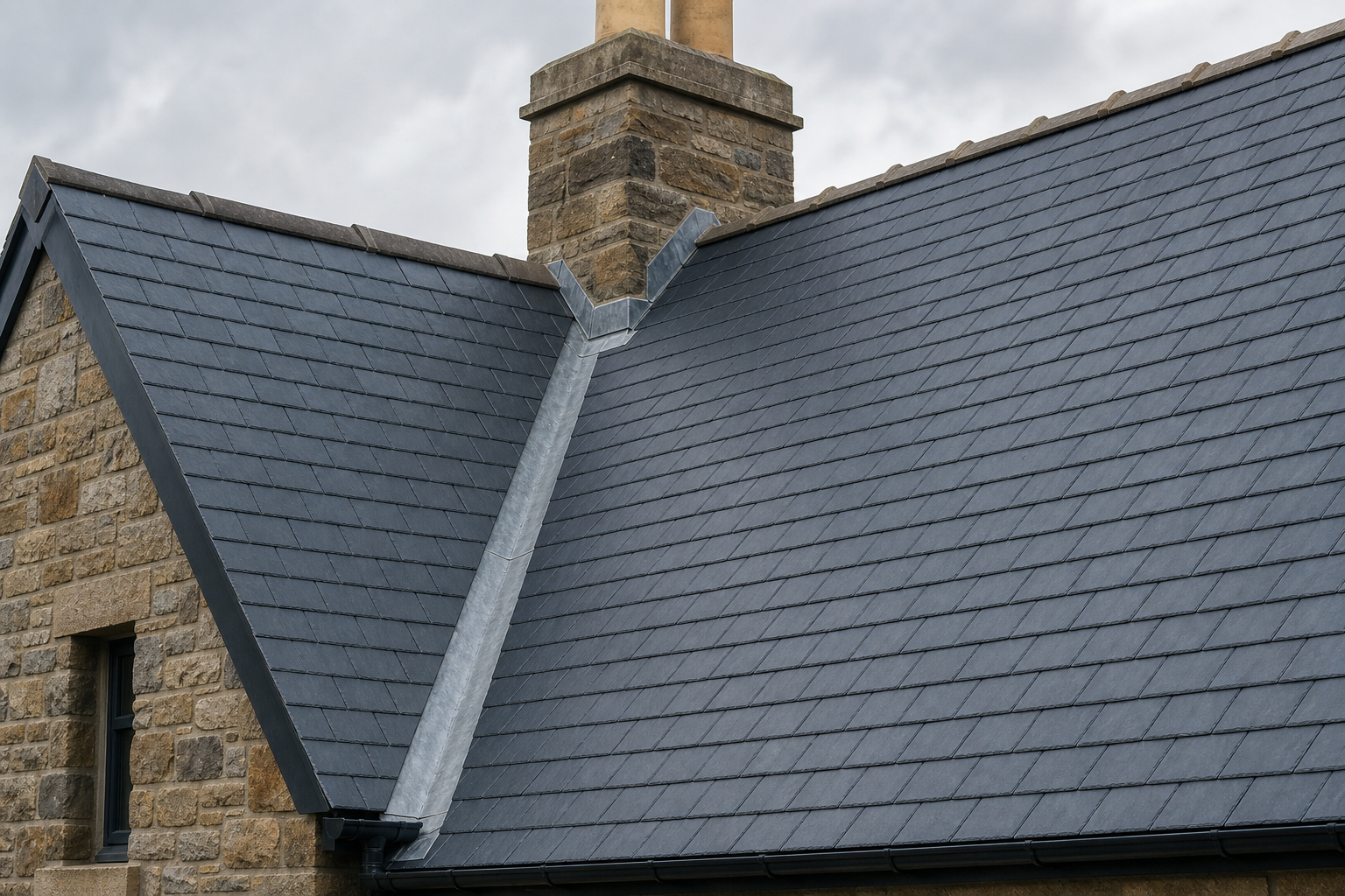 Neatly laid slate roof with careful leadwork