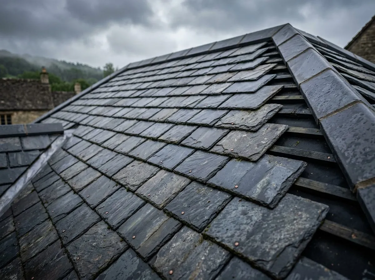 Neatly laid natural slate roof tiles