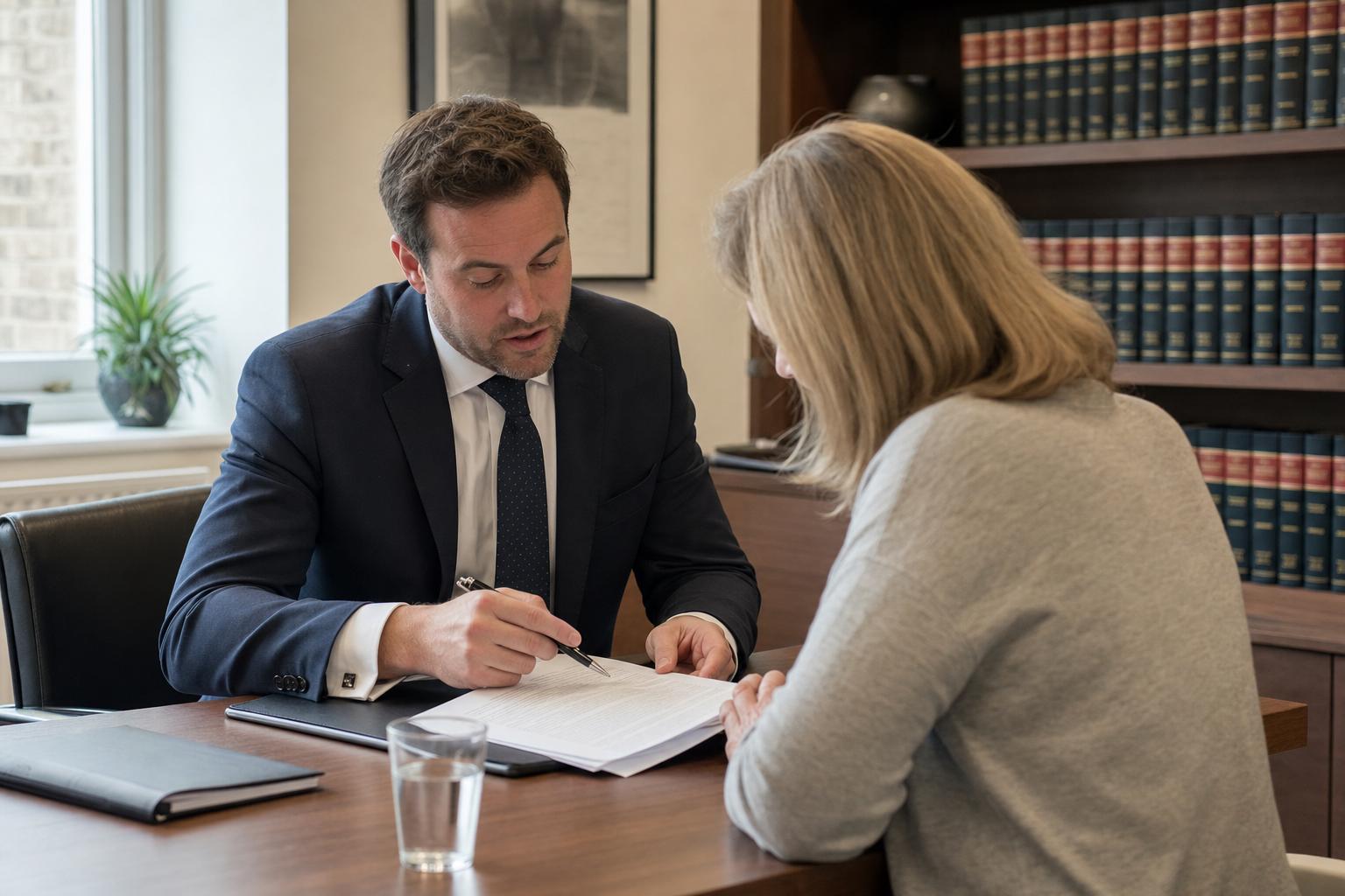 A solicitor walking a client through paperwork in the Whitmore and Cole meeting room