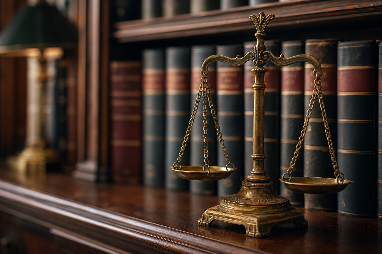 Brass scales of justice beside leather-bound legal volumes at the Whitmore and Cole office