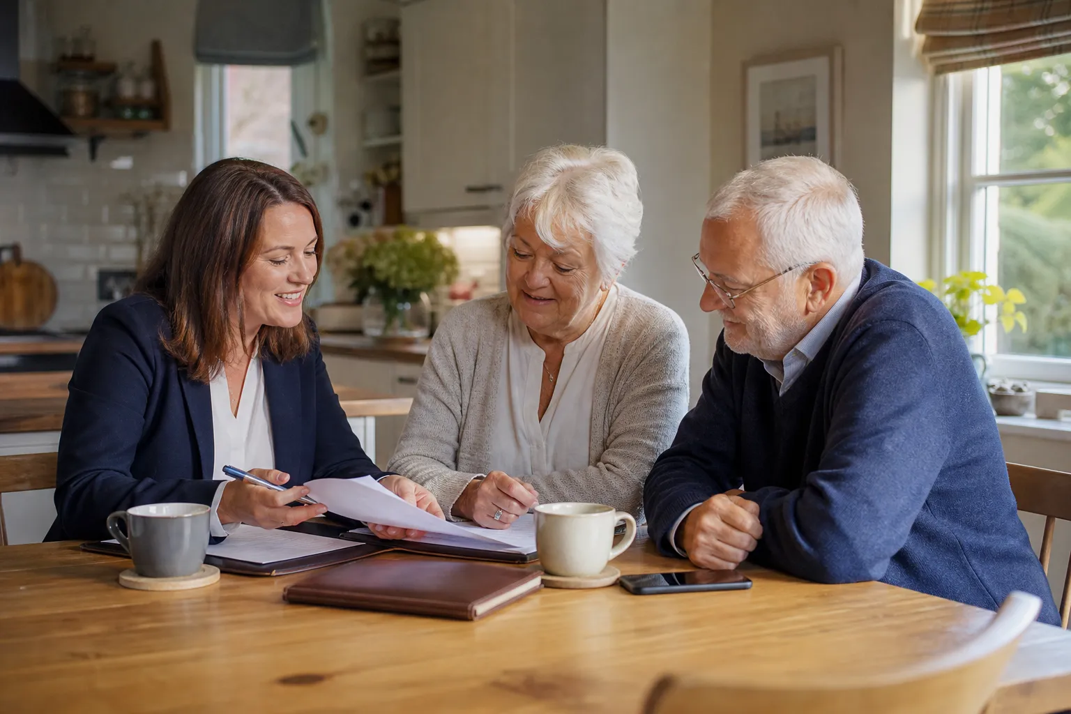An estate planning adviser discussing documents with an older couple at their kitchen table
