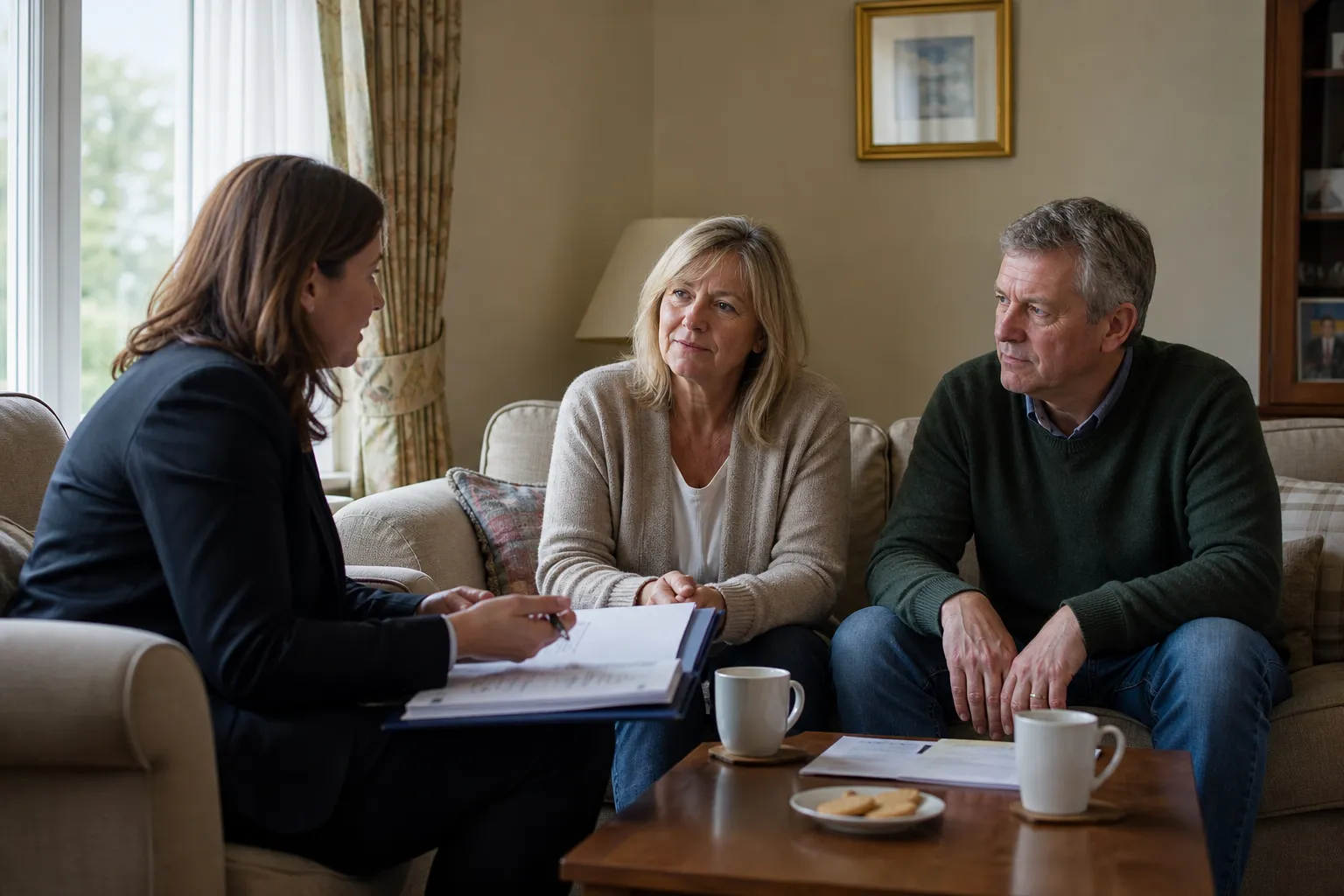 A relaxed home visit in a living room, discussing paperwork over tea